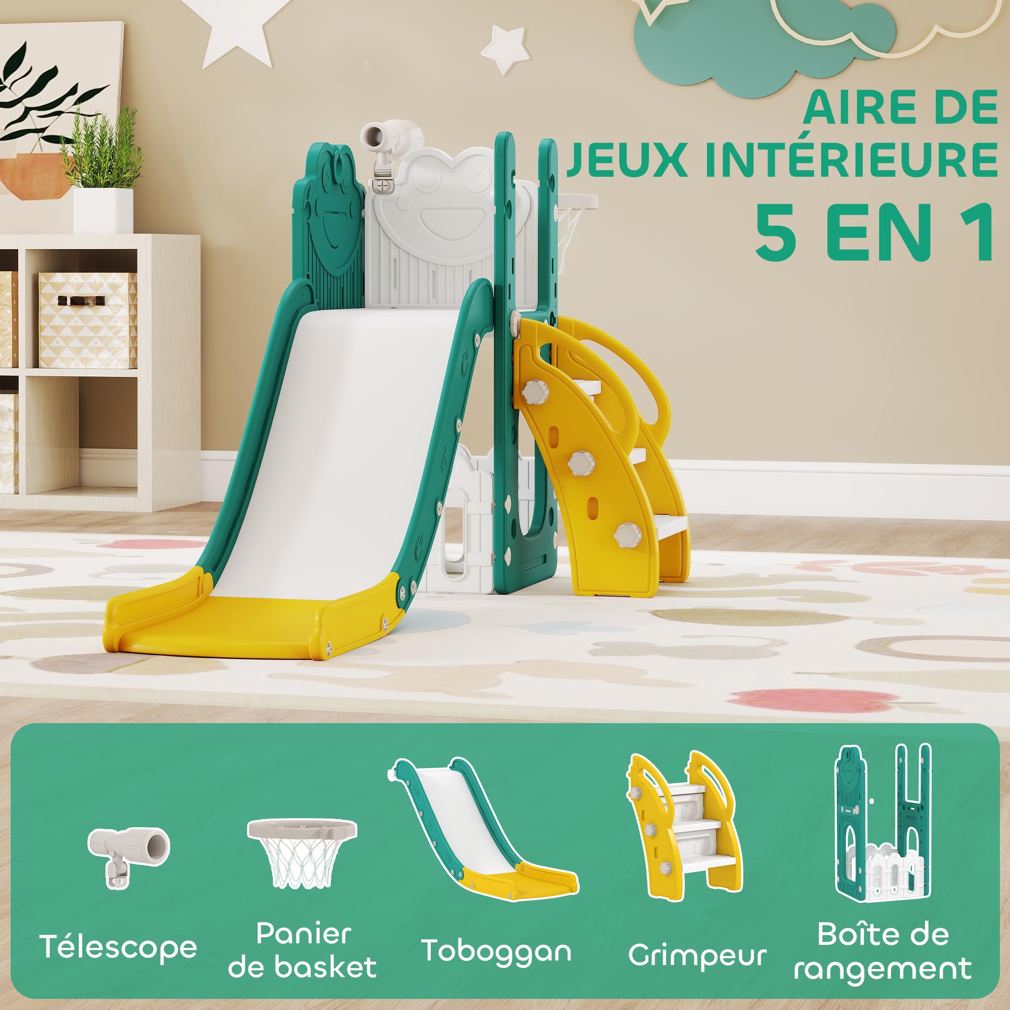 AIYAPLAY Toboggan pour Tout-Petits 5 en 1 avec Panier de Basket, Jaune | Toboggan Autoportant pour Enfant, Centre d'Activités pour Aire de Jeux, Structure d'Escalade, Télescope, Boîte de Rangement