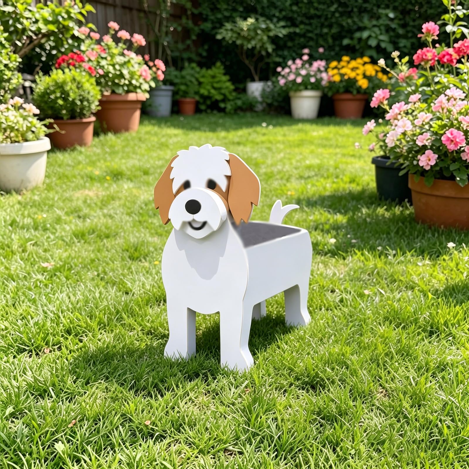 Hiiaodecor Cavachon Pet Dog Animal Bonsai Holder Cute Shape Art Plant Storage Pot Villa Garden Indoor Outdoor Office Decor Ornaments 43 * 25cm/16.93 * 9.84in