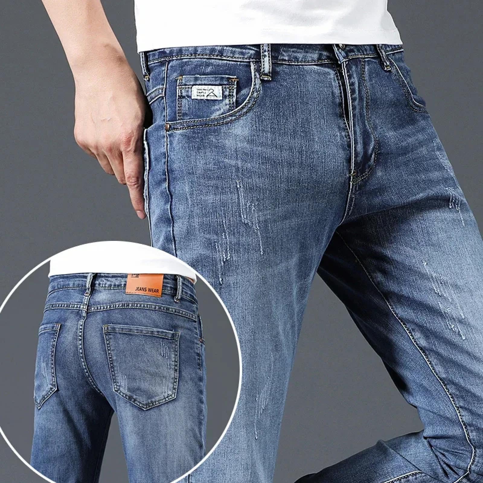 Jeans Pantalon Herren-Jeans Stretch Gerade Kleine Füße Slim Fit Modisch Casual Denim Lange Hosen Männer