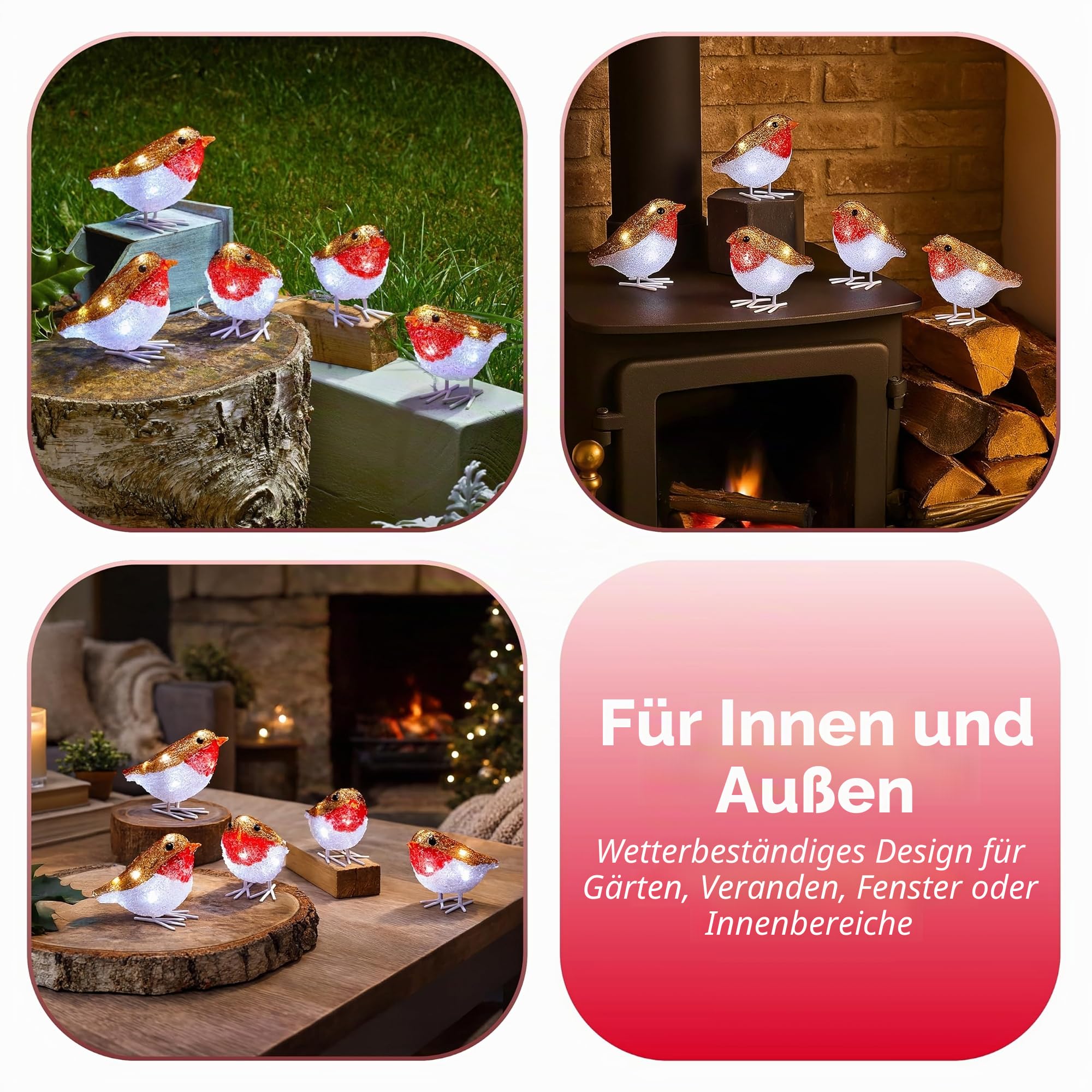 Marco Paul LED-Lichterkette mit Rotkehlchen-Motiv, batteriebetrieben, mit Auto-Timer, für Innen- und Außenbereich, festliche Weihnachtsvogel-Ornamente, saisonale Heimdekoration, 5 Stück