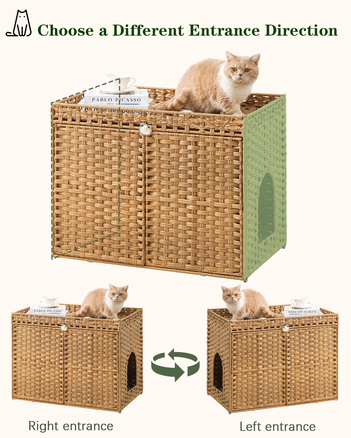 SETVSON Cat Litter Box Enclosure Furniture, Handwoven Rattan Hidden Litter Box with Mat, Large Space Cat House with 2 S-Shaped Hooks 30.3 x 18.3 x 24.4 Inches, Indoor for Living Room Apartment Natural - image 6