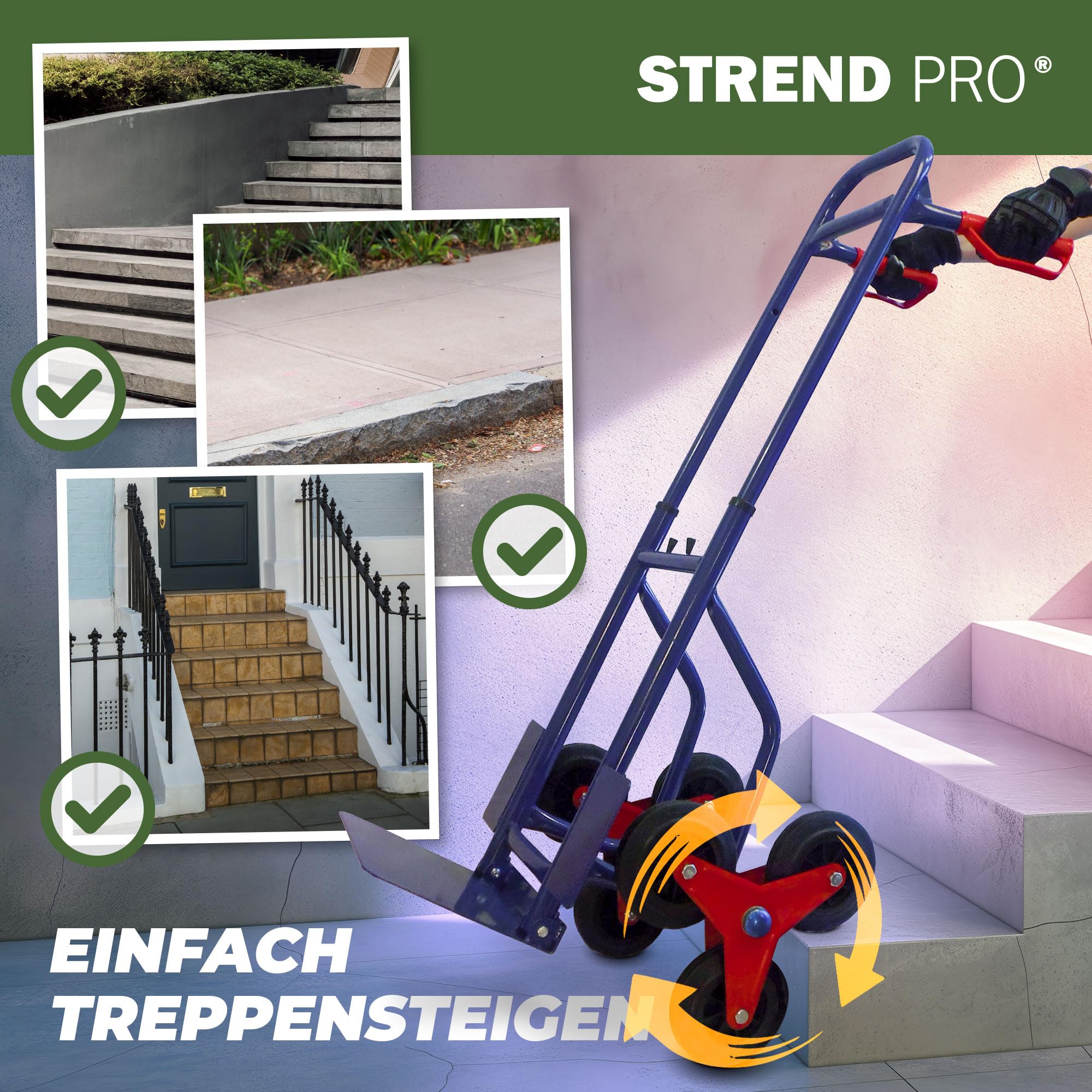 STREND PRO Treppen Sackkarre Klappbar 200kg | Sackkarre Treppensteiger Faltbar mit Vollgummireifen | Kleine Transportkarre für Treppentransporte und Umzüge | Waschmaschine Transporthilfe