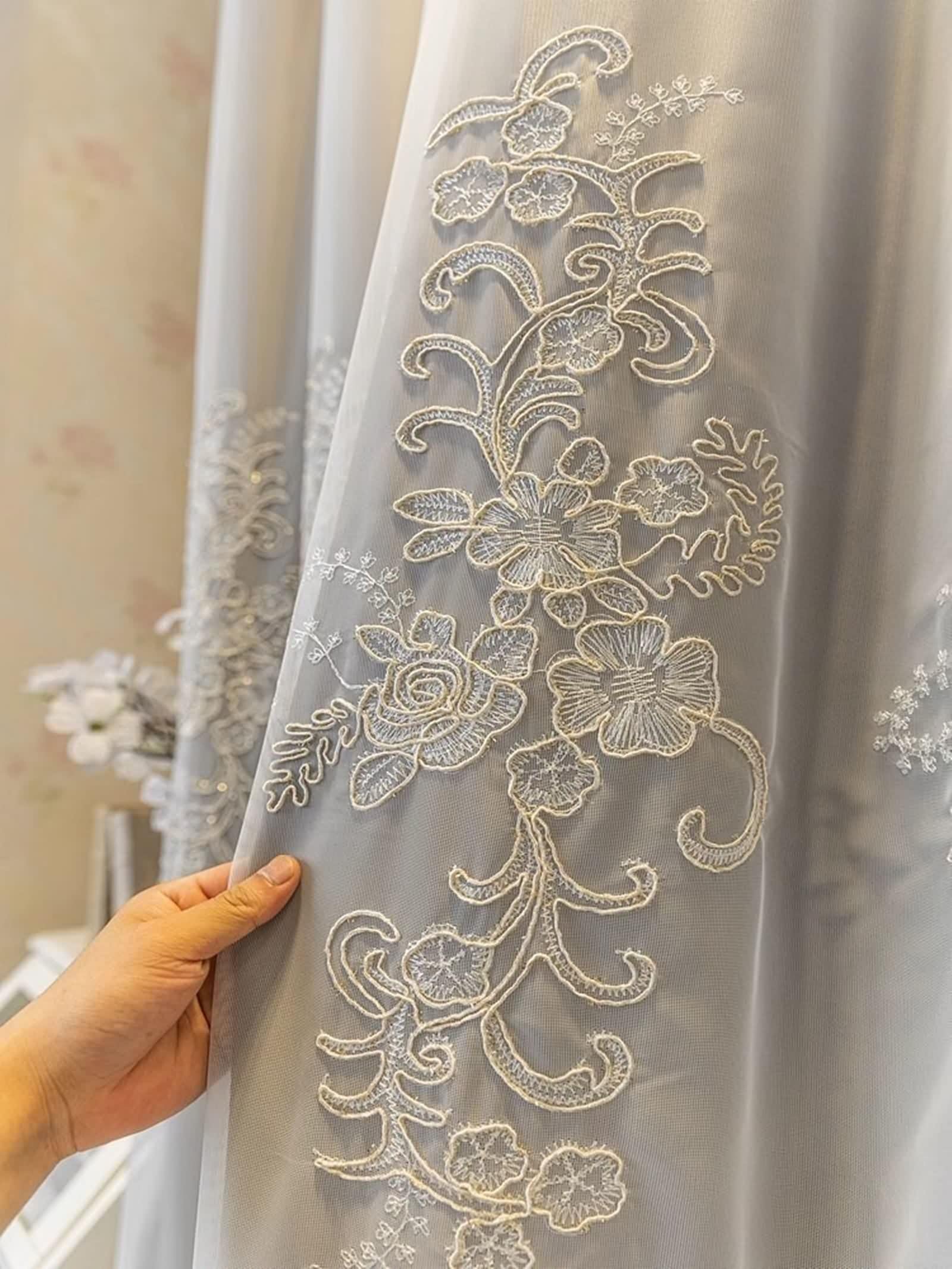 Zasłony 160 cm długość 2 panele, szare czarne rustykalne zasłony wiejskie poliester koronka haft dwuwarstwowy szer. 137 x dł. 160 cm