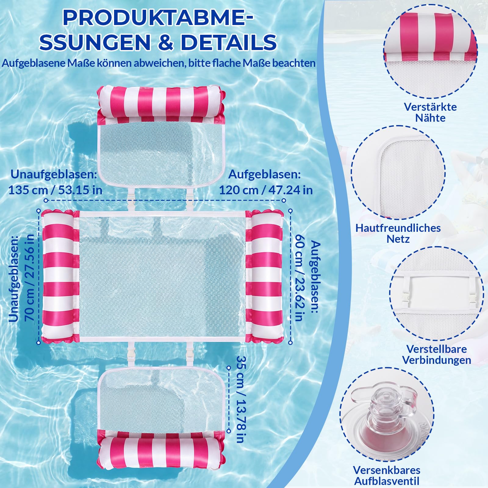 IEEILULU 5-in-1 Wasserhängematte mit Netz, 2 Stück Luftmatratze Pool Erwachsene, Aufblasbare Pool Hängematte mit 4 Luftkammern für Erwachsene für Reisen, Schwimmbad und Garten