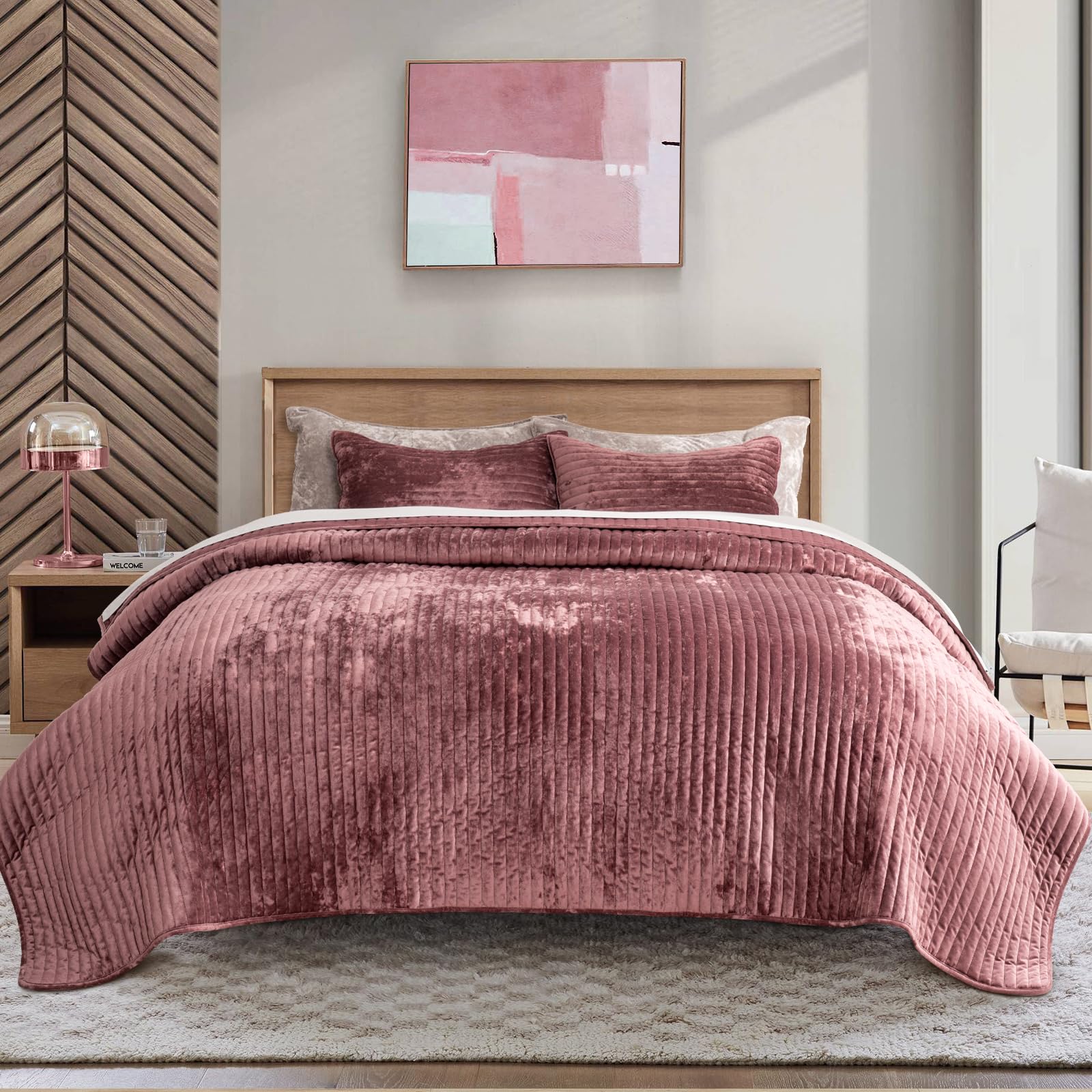 EVERGRACE Velvet Quilt Set Queen Size, Luxurious Soft Striped Channel ...