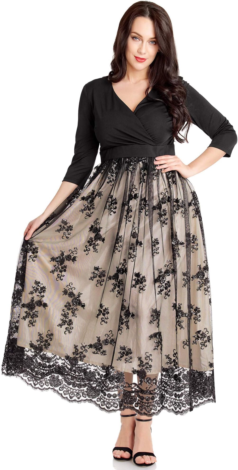 Women's Plus Size Sequin 3/4 Sleeves Evening Gown Party Long Maxi Dress