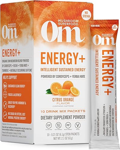 Om Mushroom Superfood Energy Plus - Mezcla de bebida en polvo de hongos, naranja cítrica, porción individual, 10 unidades, mezcla de hongos, disponible en Yaxa Colombia