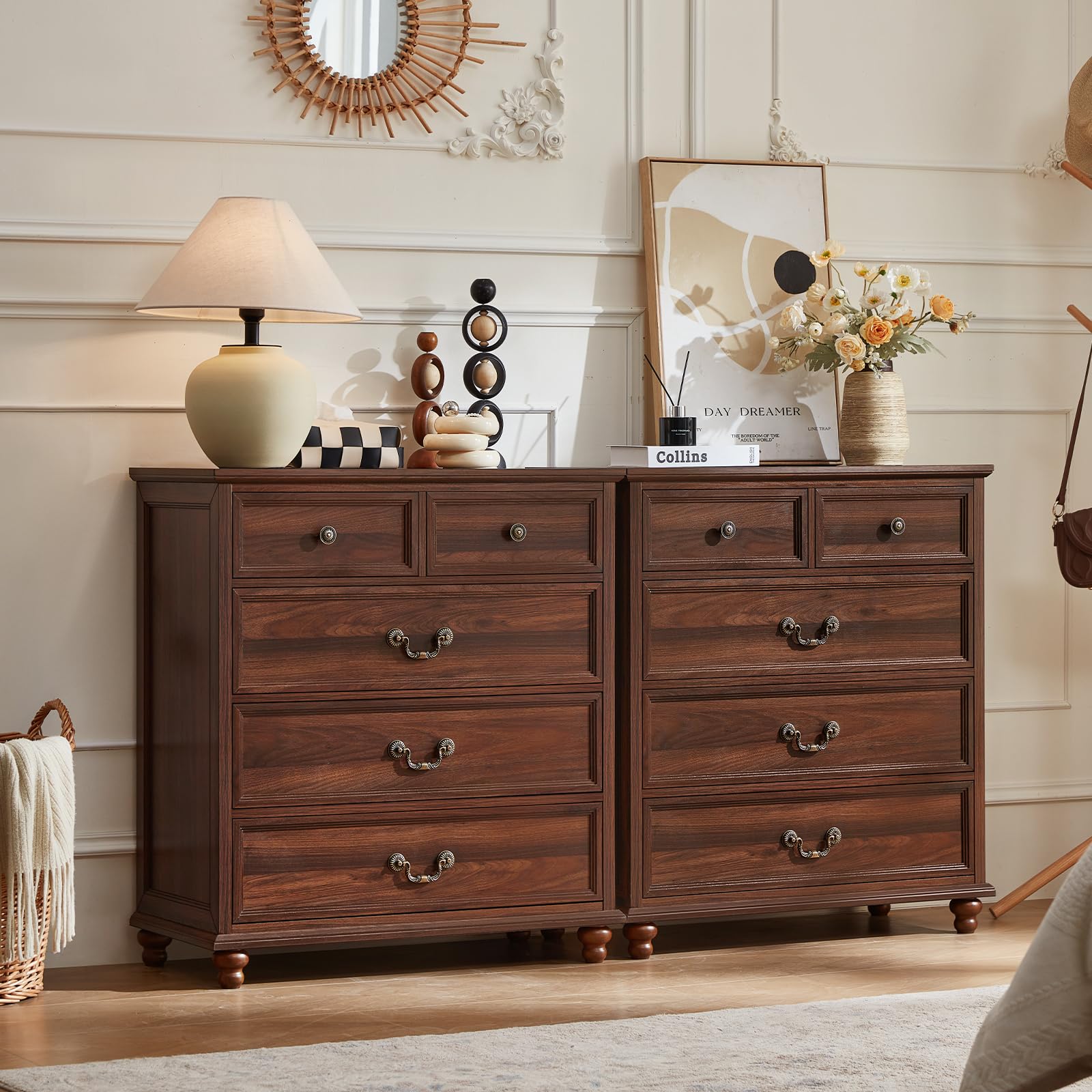 Joaxswe Farmhouse 5 Drawer Dresser Set of 2 for Bedroom, 35" Tall Rustic Chests of Drawers w/ 4 Solid Wood Feet, Mid Century Vintage Wooden Closet Storage Dressers Organizer for Living Room,Brown