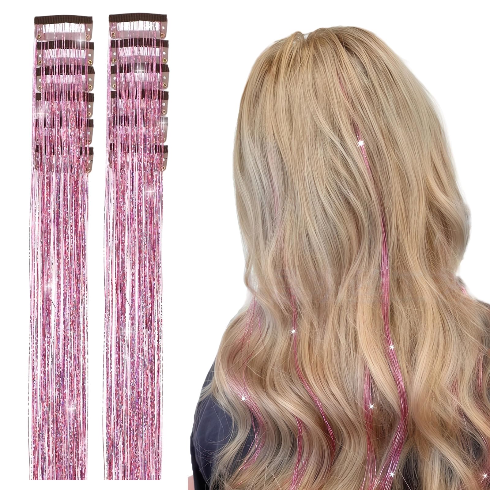 12 extension per capelli con clip, 55 cm, ciocche colorate glitterate per capelli, set di extension sintetiche resistenti al calore (viola)