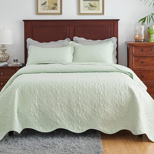 Juego de edredón tamaño King de 3 piezas, colcha de verano suave y ligera, colcha reversible de microfibra para todas las estaciones, verde claro,