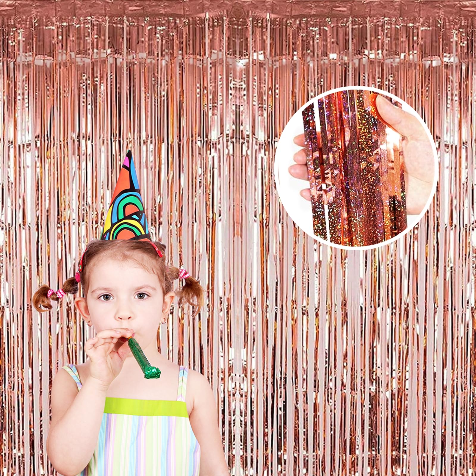 Rideau de Tinsel Rose Or 2 Pièces (1m x 3m) | Rideau Métallique Brillant avec Franges, Rideau de Tinsel à Franges Shimmer, Décoration Éclatante pour Mariage, Décoration de Anniversaire