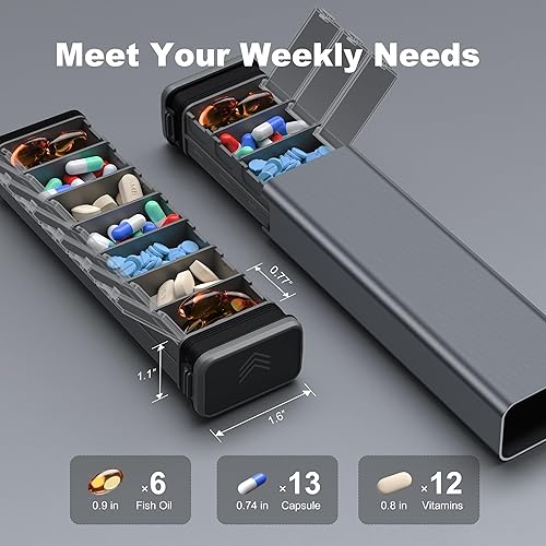 Miniatura 5 de Pastillero de metal semanal de 7 días, pastillero diario de aluminio premium, lindo pastillero portátil, pastillero de gran capacidad para