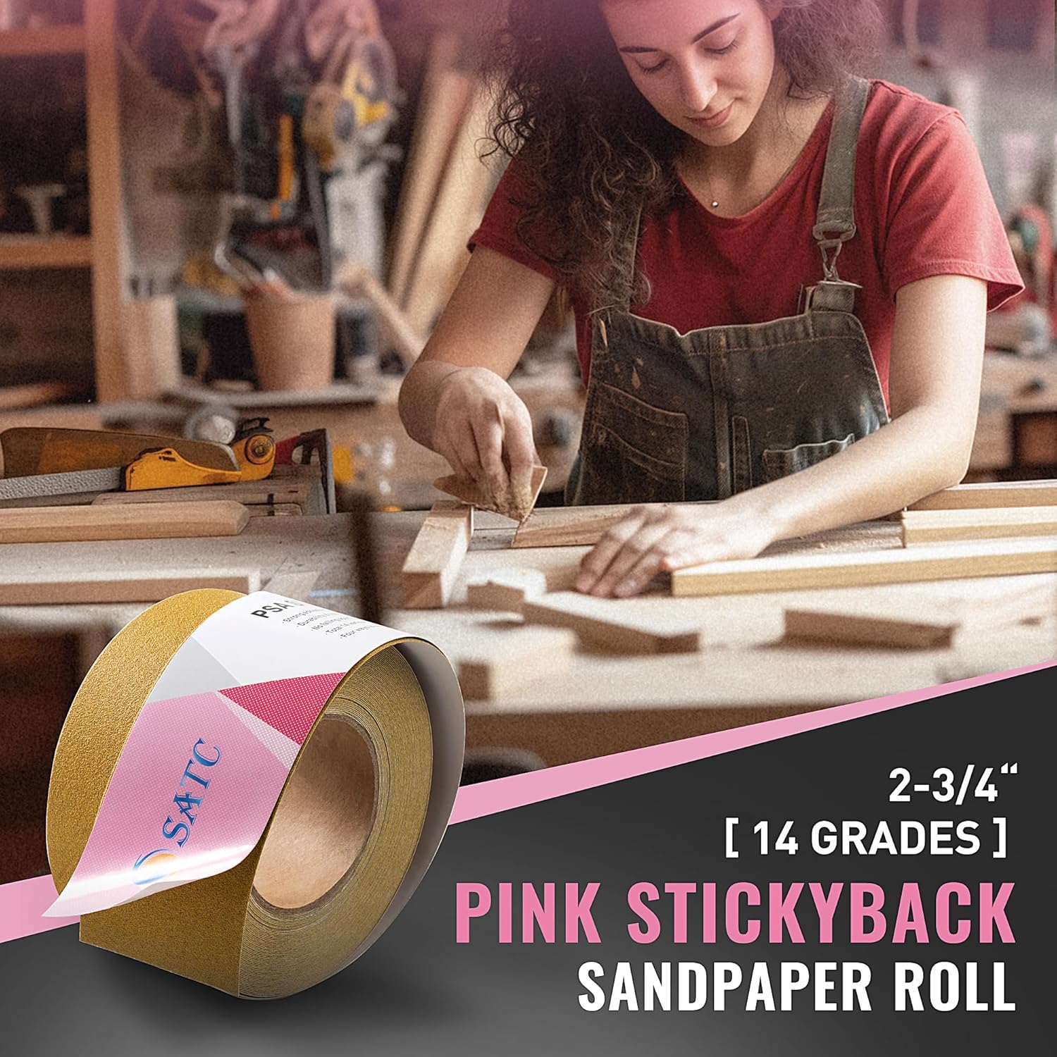 S SATC 60 Grit PSA Pink Longboard Sandpaper 20 Yard Long Continuous Roll, 2-3/4" Wide Self Adhesive Stickyback Sanding Sheets for Automotive, Hand Sanding Blocks,Woodworking, Metal, Plastic