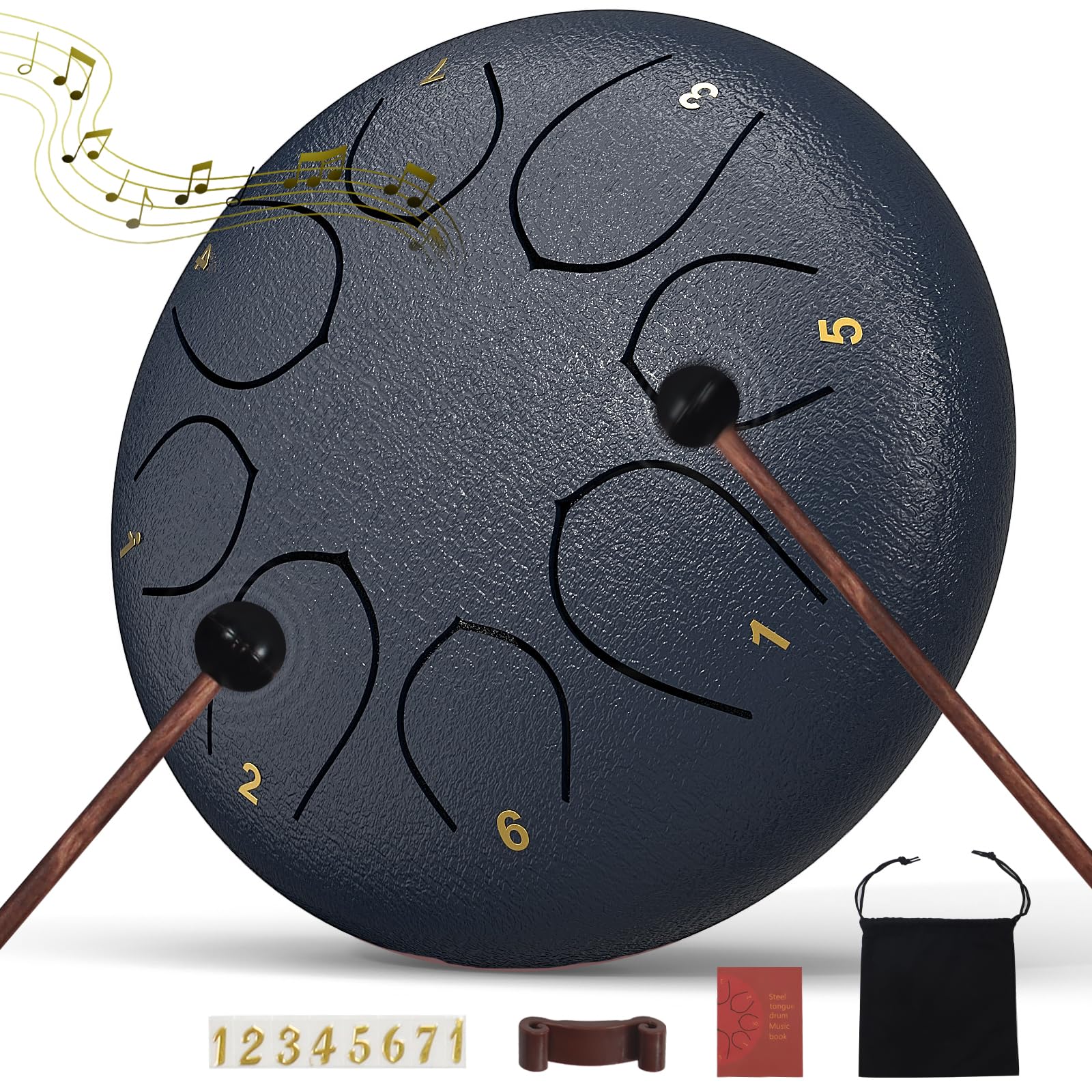 Rain Drum for Outside Garden, 6 Inches 8 Notes Steel Tongue Chakra Drums, Waterproof Echo Rain Chime Meditation Drums, Musical Instruments for Adult Gift with Bag, Music Book, Drum Mallets (Navy Blue)
