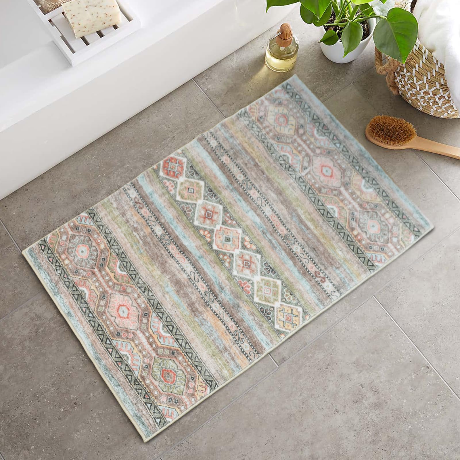 Area Rug 2x3 Distressed Small Entryway Rug Vintage Doormat Faux Wool Non-Slip Washable Low-Pile Floor Carpet for Indoor