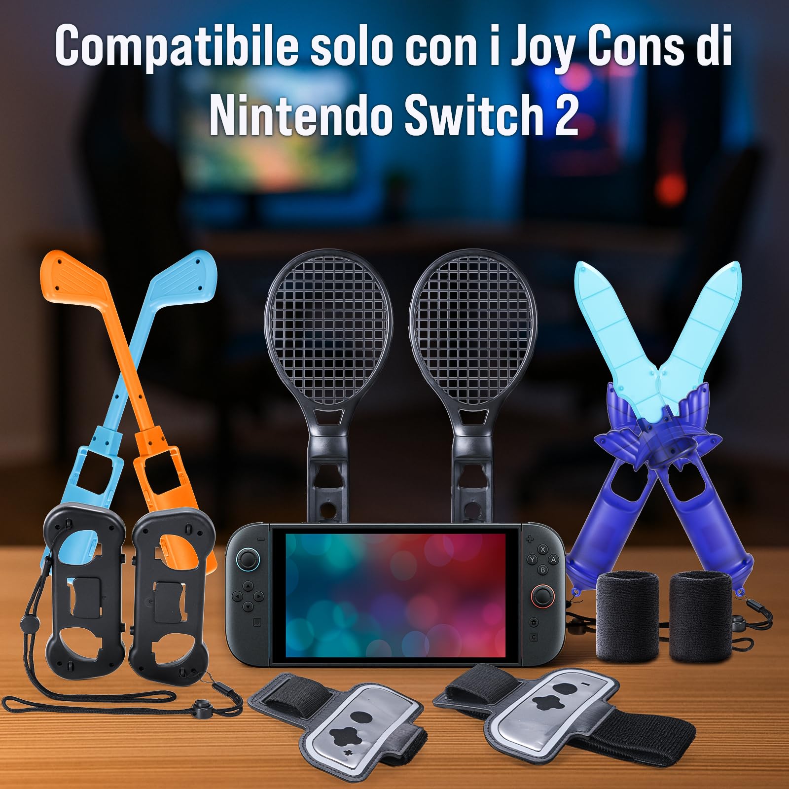LONGYI Switch 2 Set di Accessori Sportivi per Switch 2, 12 in 1 Pacchetto di Accessori Sportivi per JoyCon, Accessori per Giochi Sportivi per Famiglie con Mazze da Golf, Racchette da Tennis