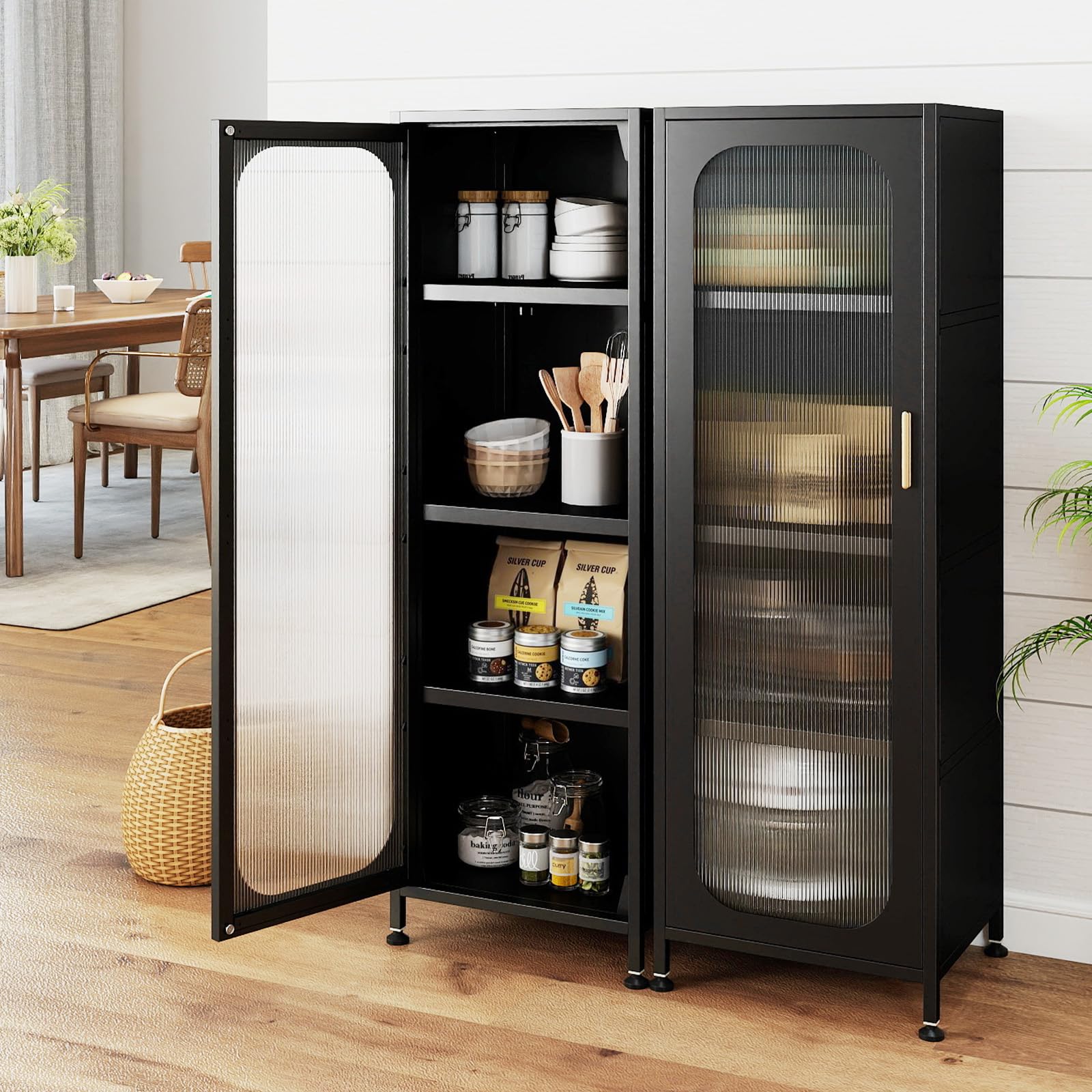 COSTWAY Mobile da Cucina in Metallo a 5 Ripiani, Credenza Salvaspazio con Mensole Regolabili 4 Ruote, Base Intercambiabile e Porta Semitrasparente, Organizzatore per Sala da Pranzo, Soggiorno (Nero)