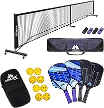 Mobiclinic®, Pickleball Set, 4 Racchette in Fibra di Vetro, 8 Palline per Interni ed Esterni, Rete con Ruote, Borsa per il Trasporto, Anima in Polipropilene a Nido D'ape, Mobiall, Grip Antiscivolo