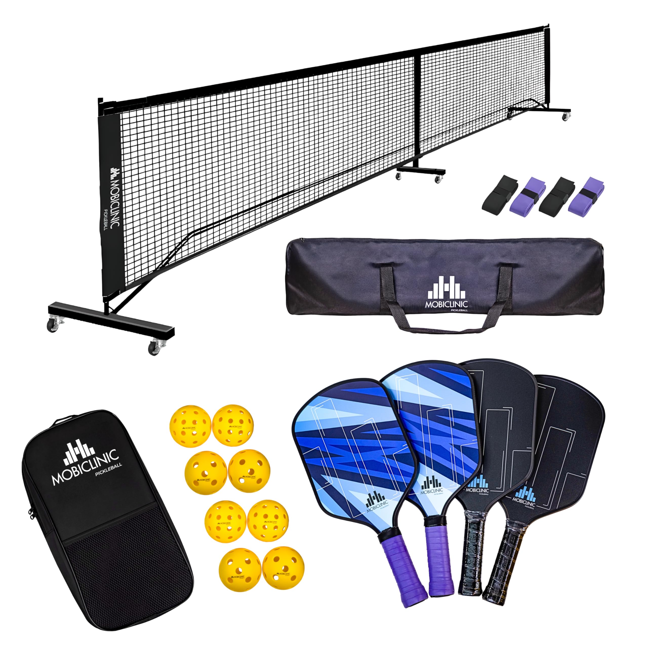 Mobiclinic®, Ensemble de Pickleball, Raquettes en Fibre de Verre, Balles D'intérieur et D'extérieur, Sac de Transport, Noyau en Polypropylène Alvéolé, Grip (4 Raquettes + 8 balles + Filet)