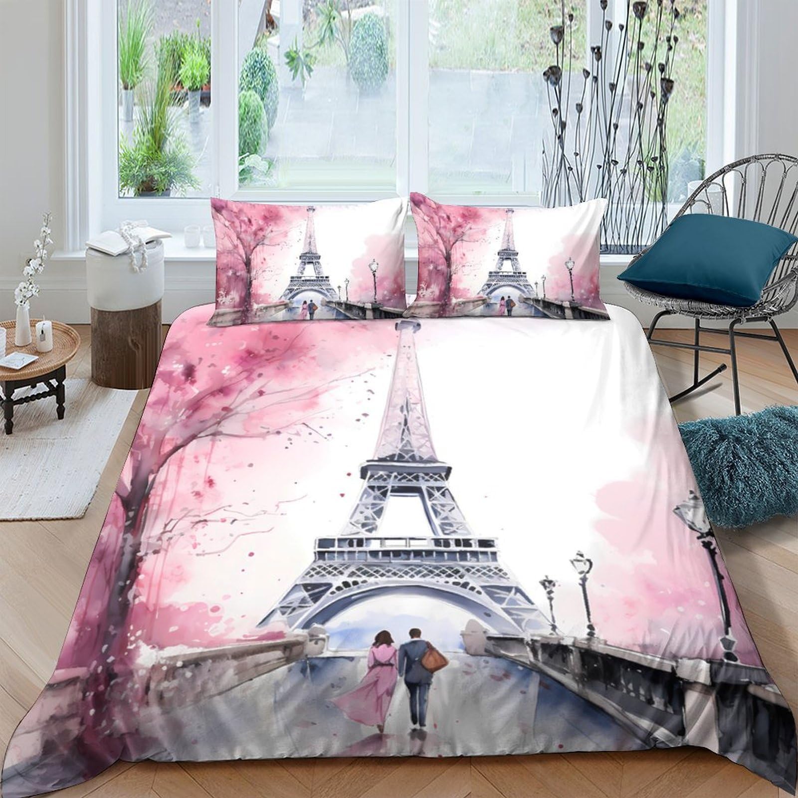 Ctjqhvkz Style-6 3D Printed Eiffel Tower Pink Blossom Fitted Sheet Microfiber Soft Mattress Cover For Bedroom Guest Room Decor Single（135X200cm）