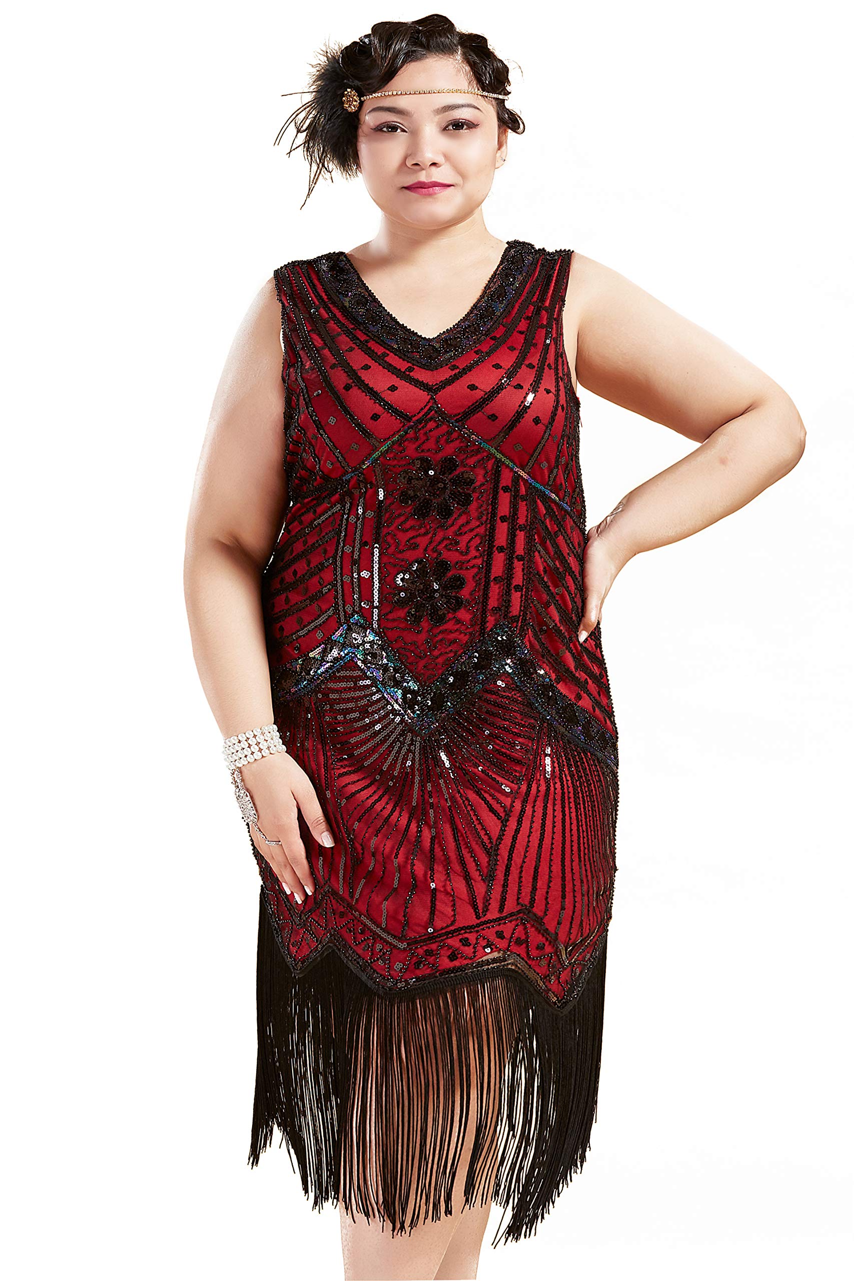 BABEYOND Women's Plus Size Flapper Dresses 1920s V Neck Beaded Fringed Great Gatsby Dress Red