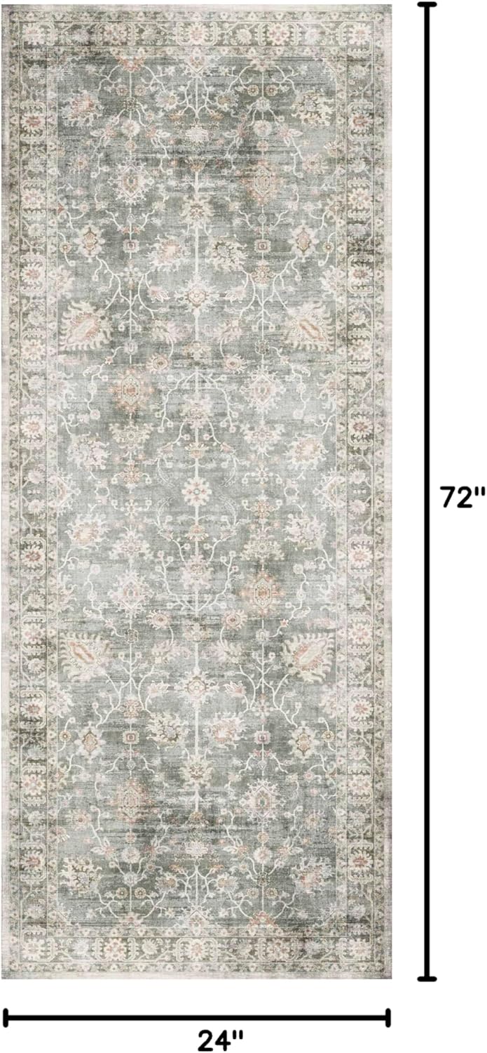 GENIMO Runner Rug for Hallways Machine Washable, 2x6 Non Slip Boho Vintage Lightweight Washable Runners, Thin Floor Rugs for Entryway Hallway Bathroom Laundry Room Corridor, Light Sage