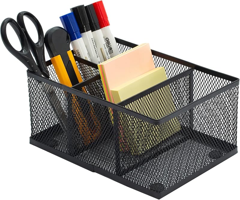 Black Mesh Desk Organizer, 4 Compartment Pen Holder Caddy | Four compartments organize pens, pencils, markers, and office essentials with a sleek metal mesh desktop design