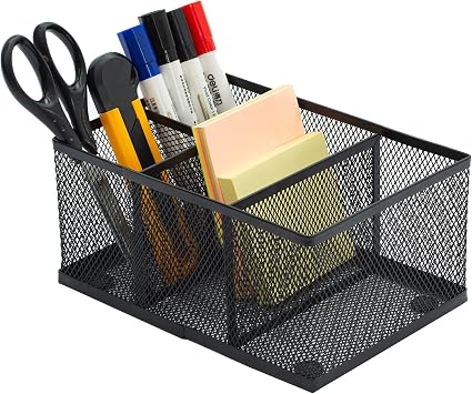 MyGift Black Metal Mesh Desk Organizer Pen Holder Pencil Holder Office Supplies Caddy with 4 Compartments