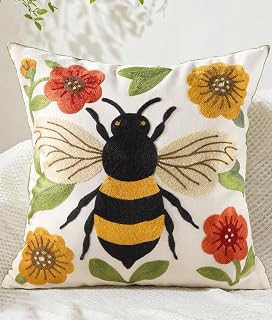 Kokaaee Embroidered Bee Floral Throw Pillow Cover 18x18 Inch - Boho Animal Zipper Cushion Case for Couch Sofa Bedroom Decor