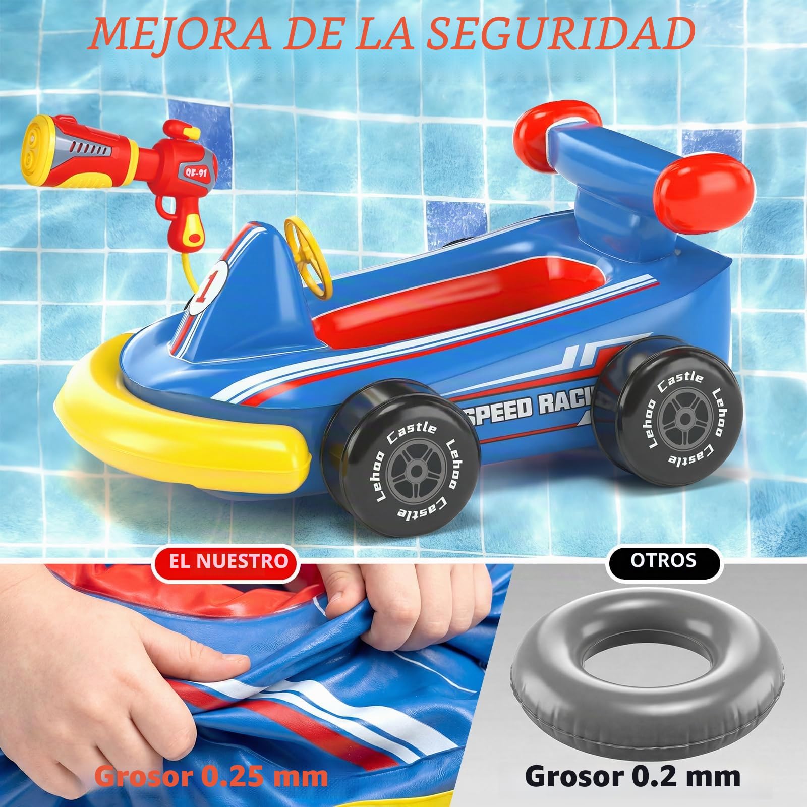 Lehoo Castle Boya Inflable con Pistola de Agua y Volante con Sonido, Ayuda para Nadar Go-Kart para Niños de 3 a 6 Años, Asiento de Piscina Seguro para Juegos Acuáticos de Verano