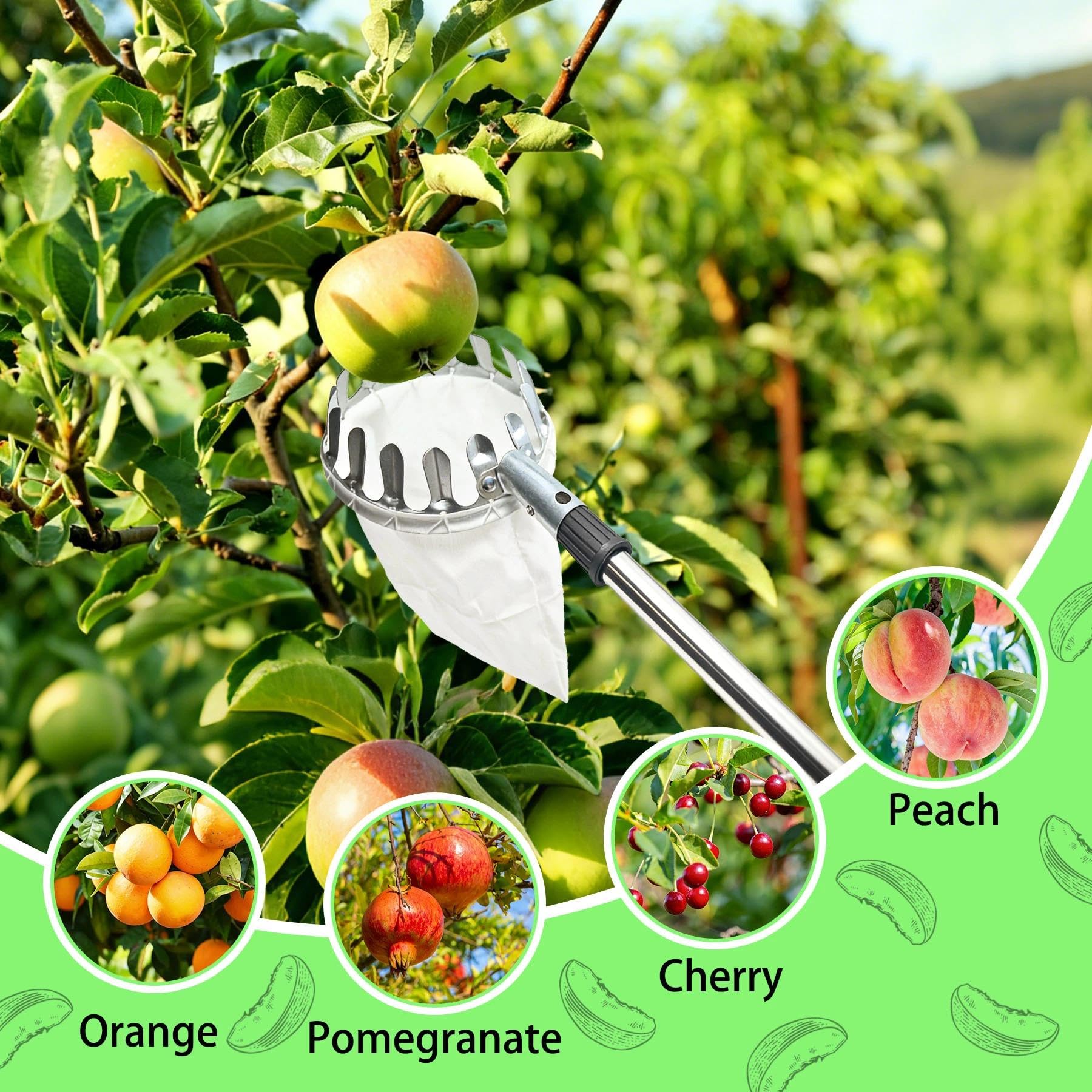 4m Kirschenpflücker, Apfelpflücker mit Teleskopstiel, Obstpflücker für Kirschen, Obstpflücker Teleskop, Pflückhilfe für Obst mit Leichter Edelstahl, Diameter 16cm