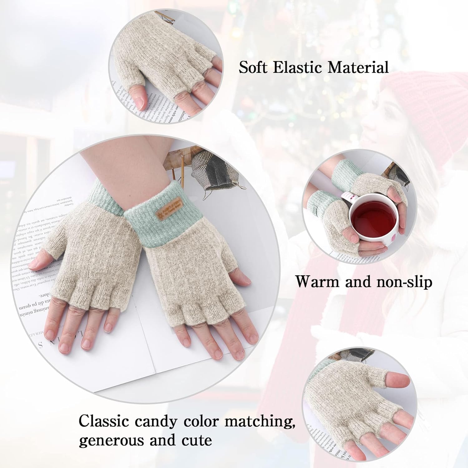 LADES Fingerless Gloves for Women Warm - Winter Thermal Gloves Knitted Soft Half Fingers Mittens for Driving Working Typing - Image 3