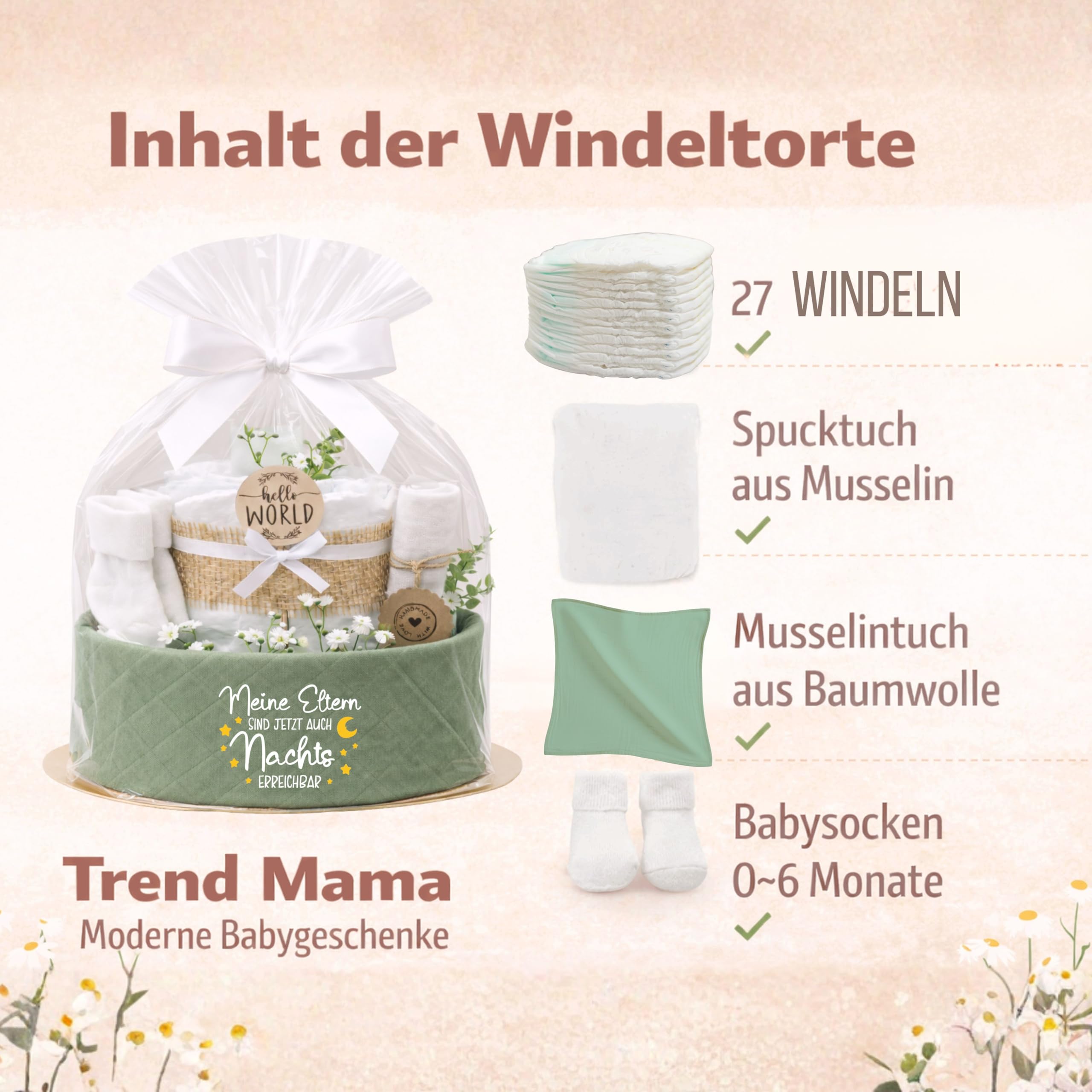Trend Mama® | Windeltorte Boho Style | Spruch wählbar | 27 Windeln (Gr.2), Musselintuch, Socken & Spucktuch | Geschenk Geburt (Grün | Meine Eltern sind jetzt auch Nacht erreichbar)