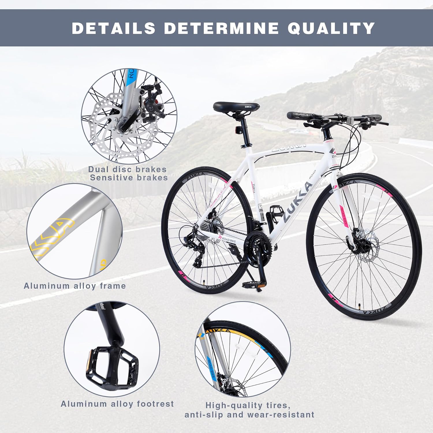 ZUKKA 700C Road Bike for Adult 24-Speed Unisex Hybrid Road Bicycle, Alloy Frame/Dual-Disc Brakes/Multiple Colors