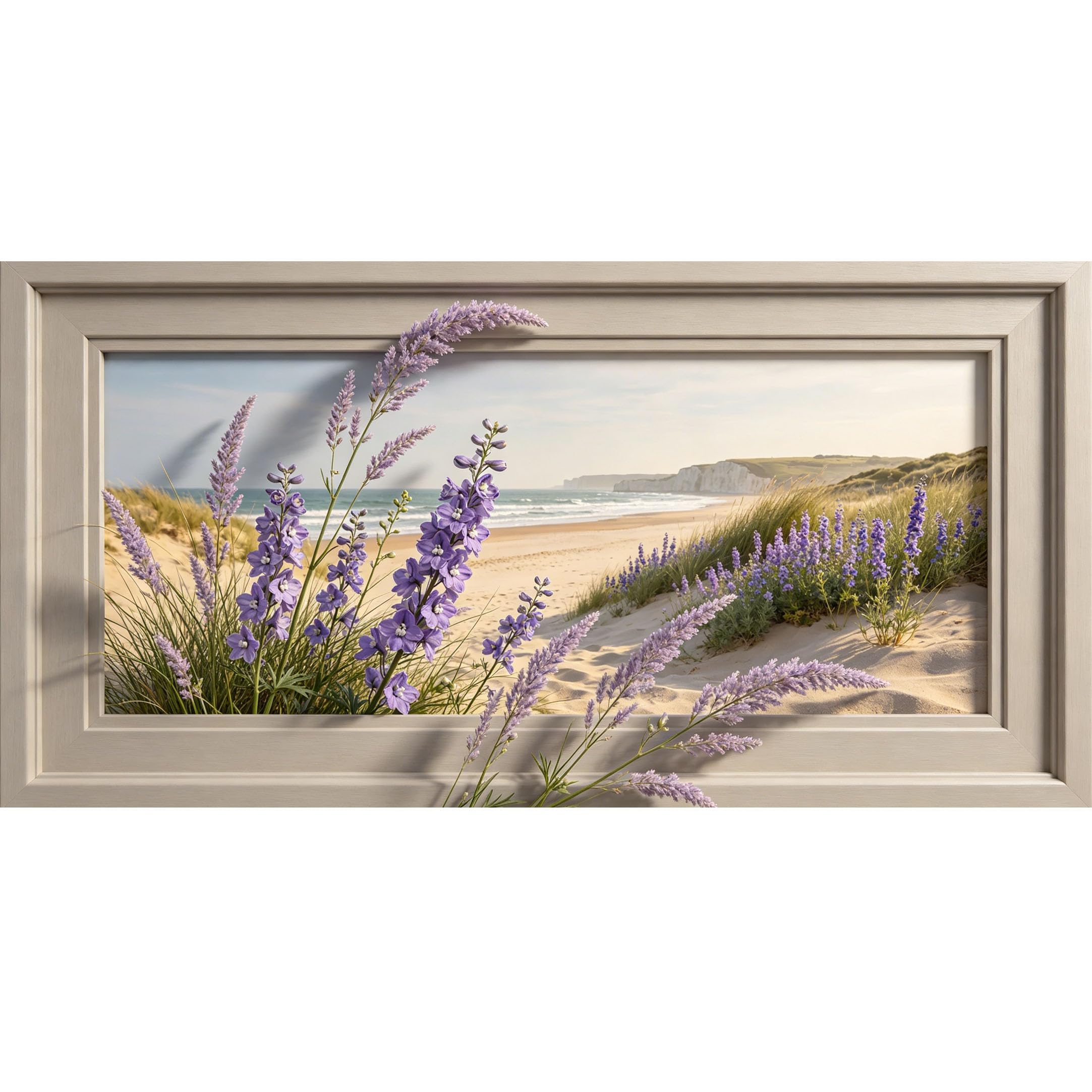 Agglomerix 3D Framed Wall Art Lavender Beach Coastal Landscape Ocean Dunes Flowers Sea Horizon Large Size Self-Adhesive Removable Wall Decor Prints Artwork for Living Room Bedroom Office