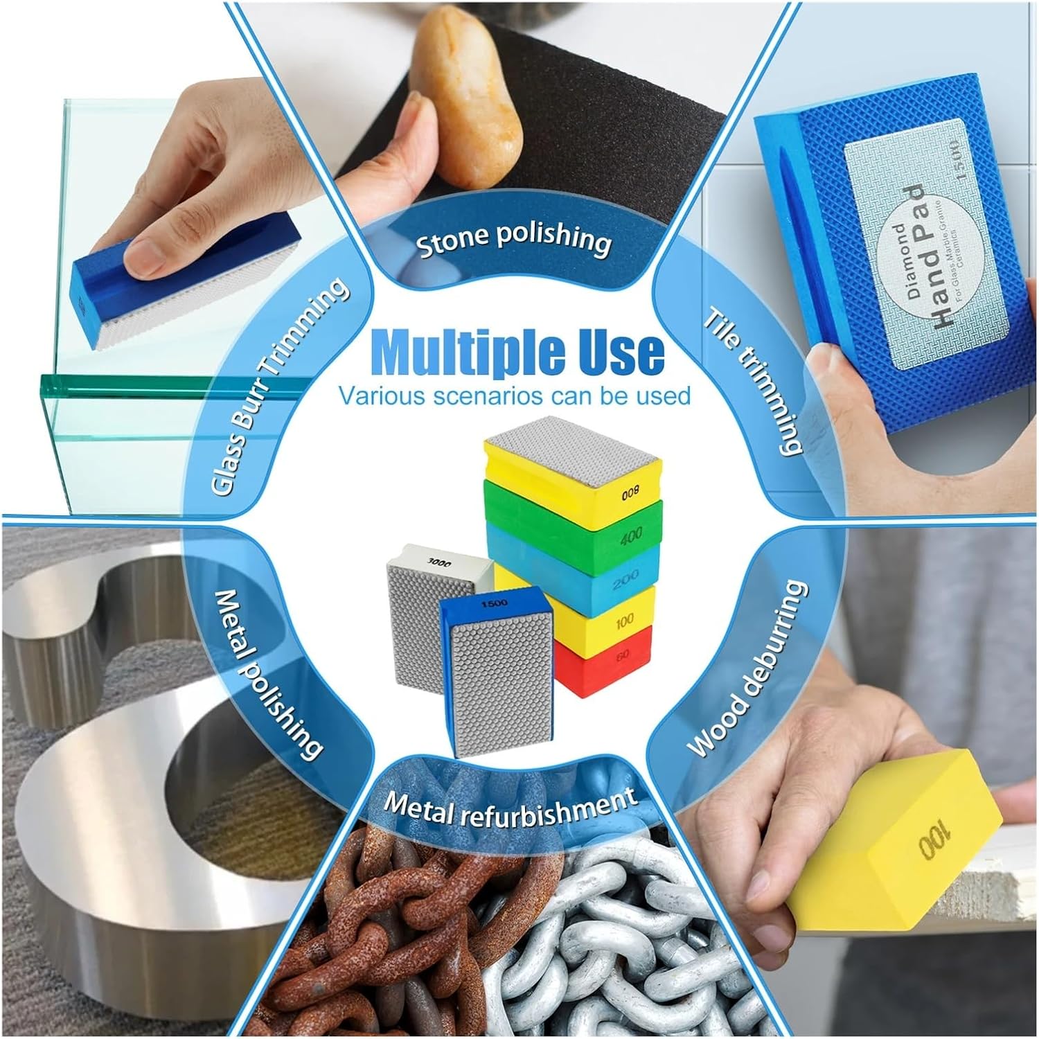 4/7Pcs Diamond Hand Polishing Pads Set Wet Dry Diamond Sanding Block Sponge Backing Diamond Sanding Pads For Stone Glass Metal(7pcs)