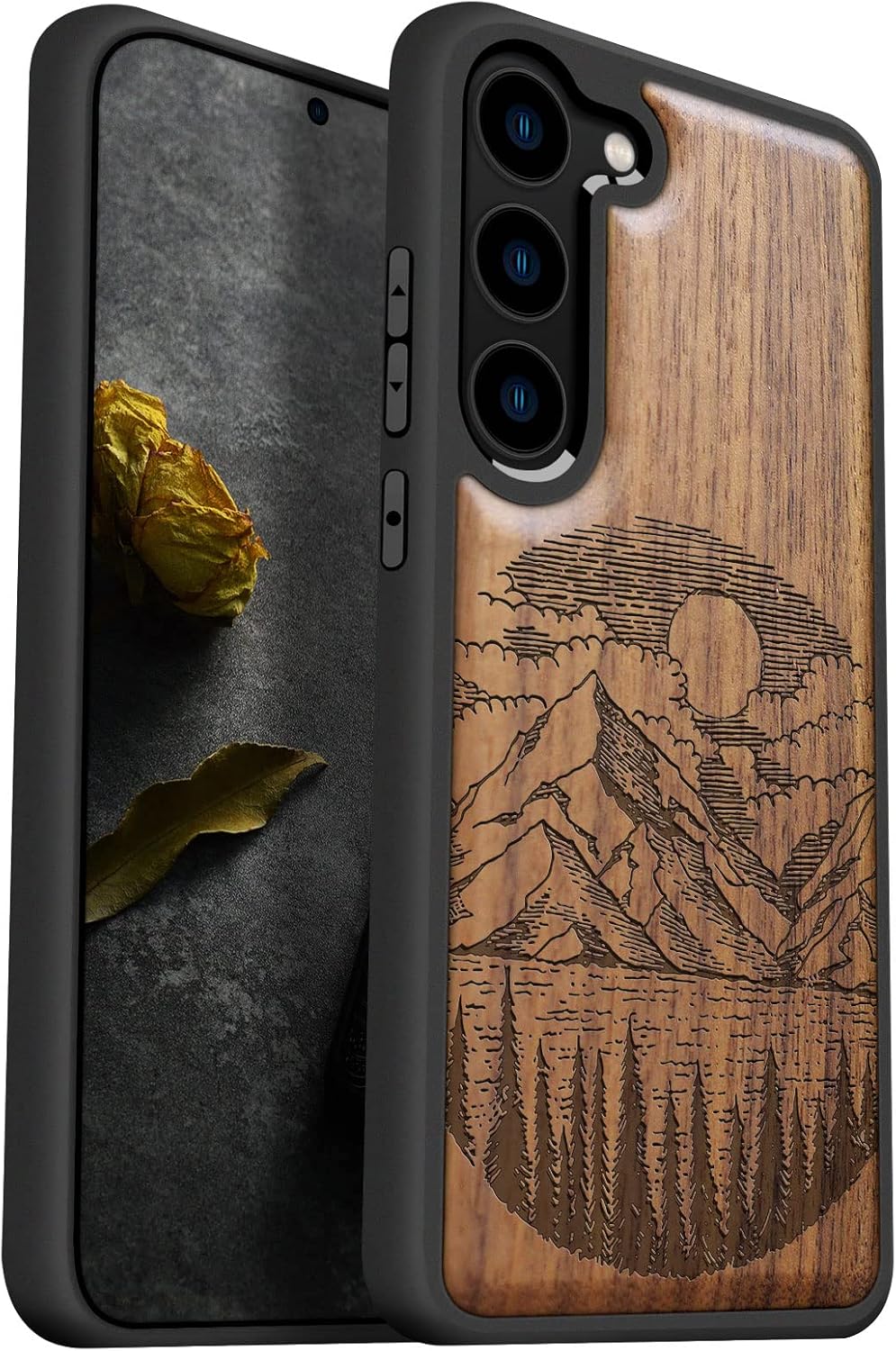 Carveit Wood Case for Galaxy S23 Case [Natural Wood & Black Soft TPU] Shockproof Protective Cover Unique & Classy Wooden Design Compatible with Samsung S23 (Alpine Lake-Walnut)