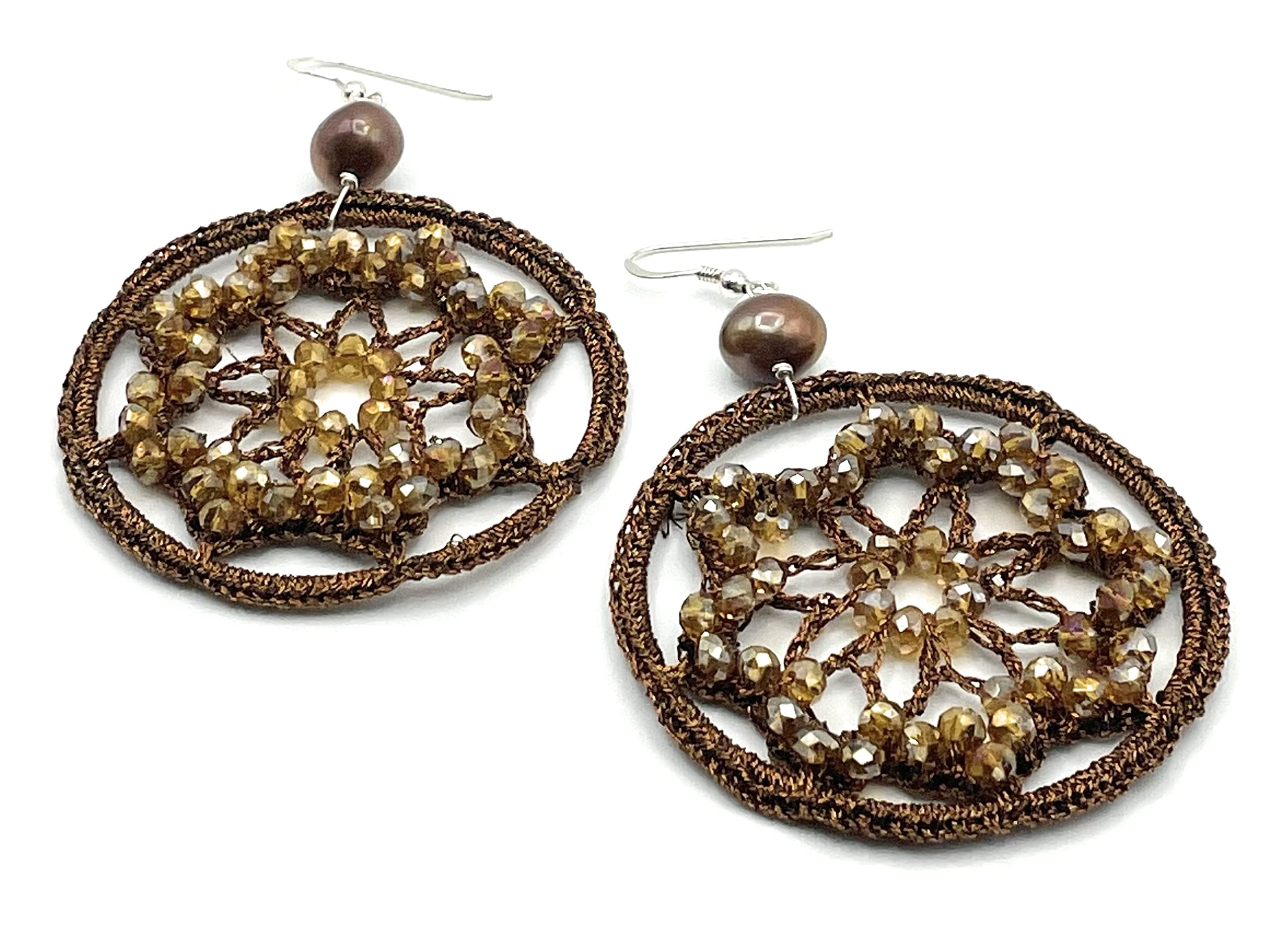 Orecchini Grandi Fiori all'Uncinetto e Perle Marroni, Pendenti in Argento 925, Gioielli Artigianali, Bijoux