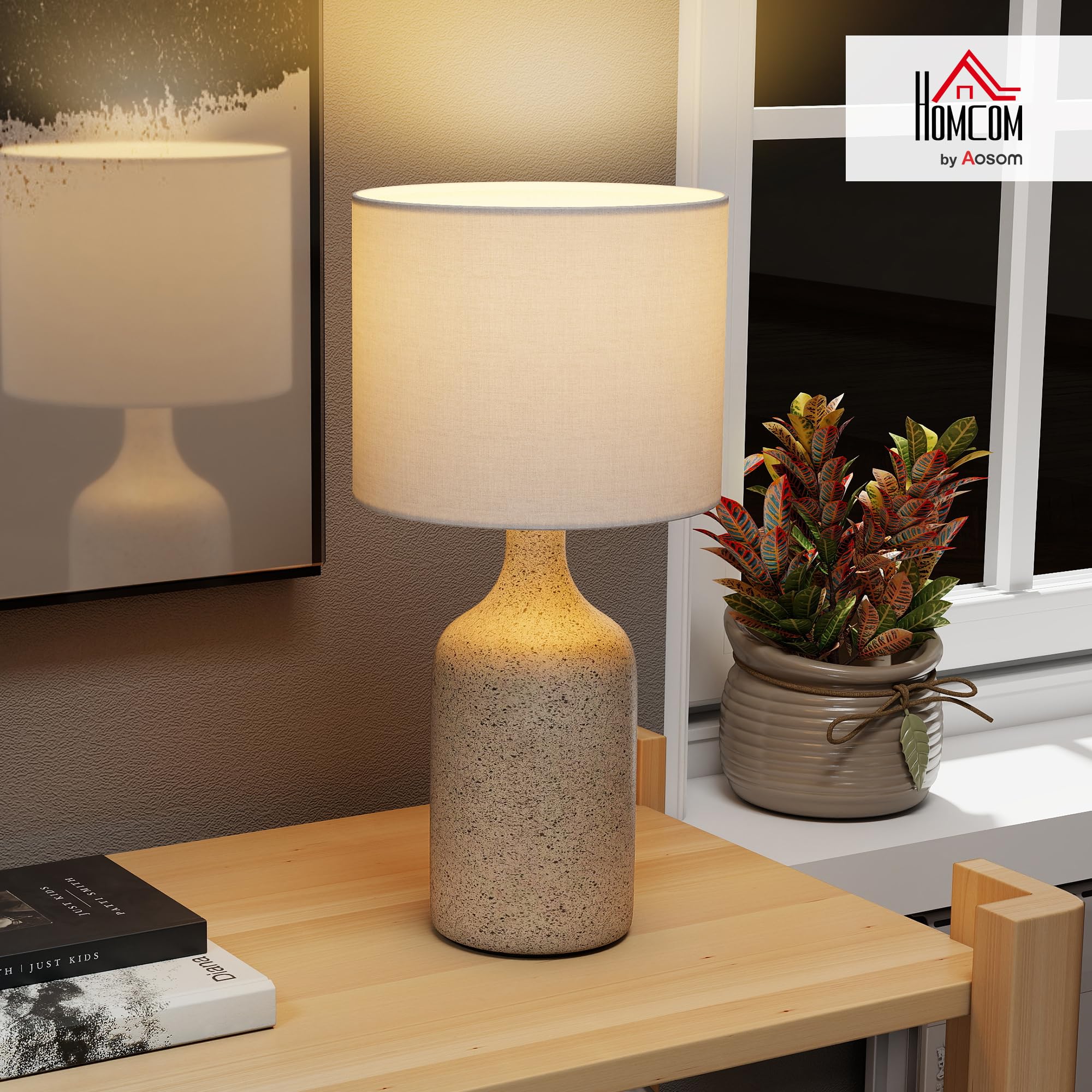HOMCOM Tischlampe Tischleuchte Vintage Keramiksockel Sandbraun+Weiß | Nachttischlampe, Schreibtischlampe, Leinenschirm, Wippschalter, Leselampe mit E27 Fassung, für Schlafzimmer Wohnzimmer