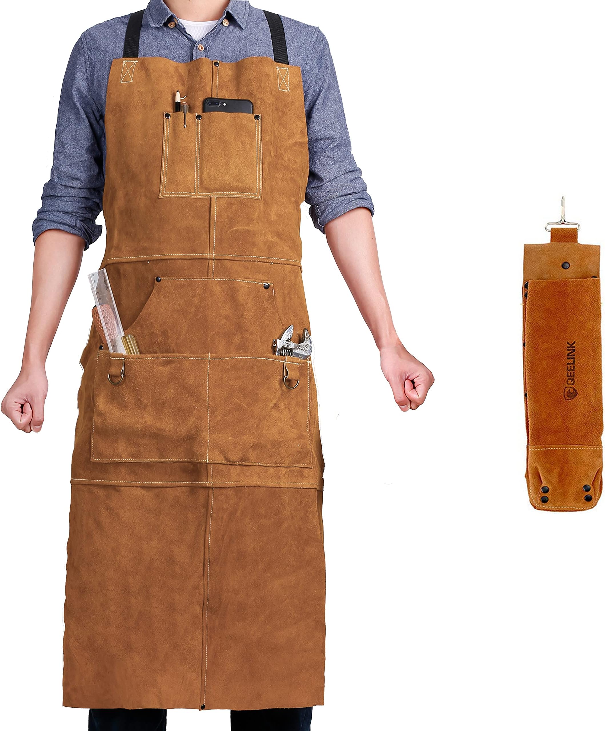 QeeLink Leather Welding Work Apron with 6 Tool Pockets, Heat & Flame Resistant Welder Aprons, 24" x 36", Adjustable M to XXXL