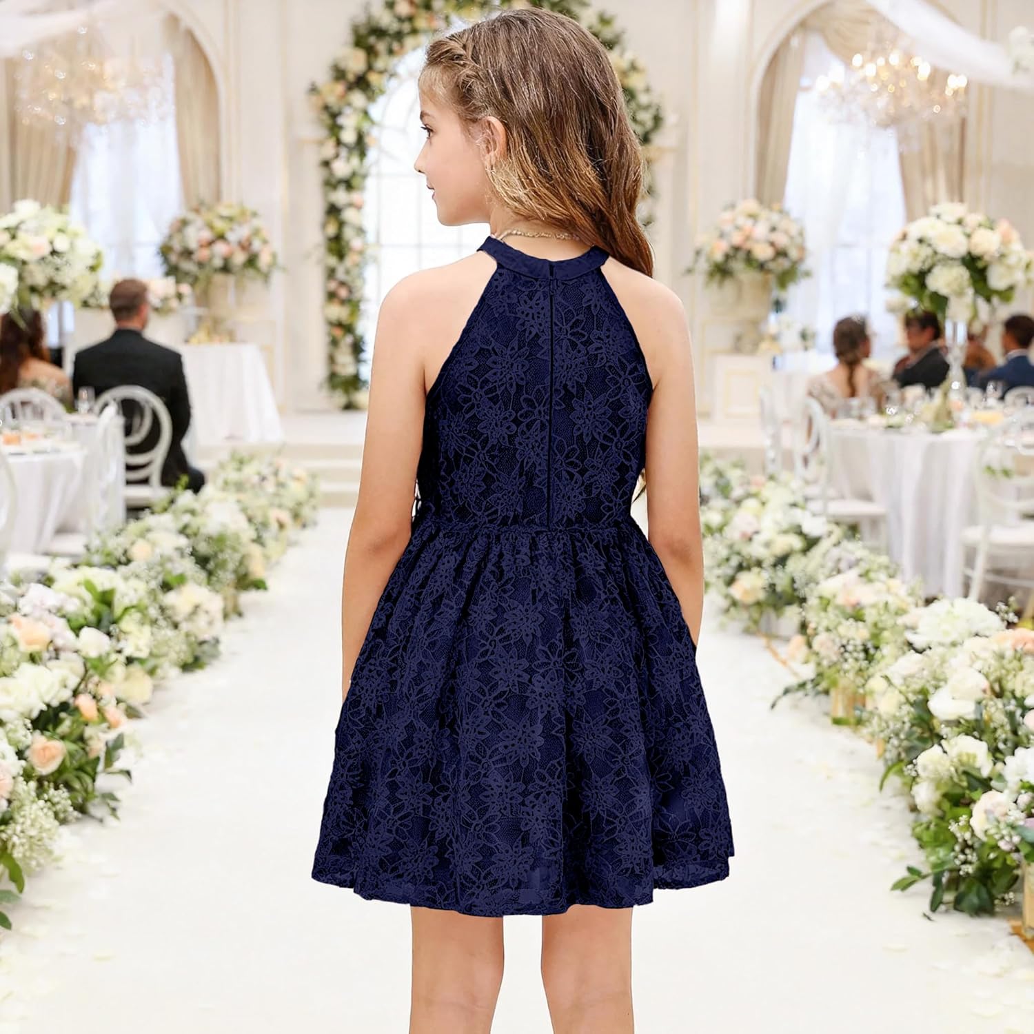 Girls Halter Neck Sleeveless A-Line Flared Swing Flower Lace Casual and Party Dress 6-13 Years - Image 6