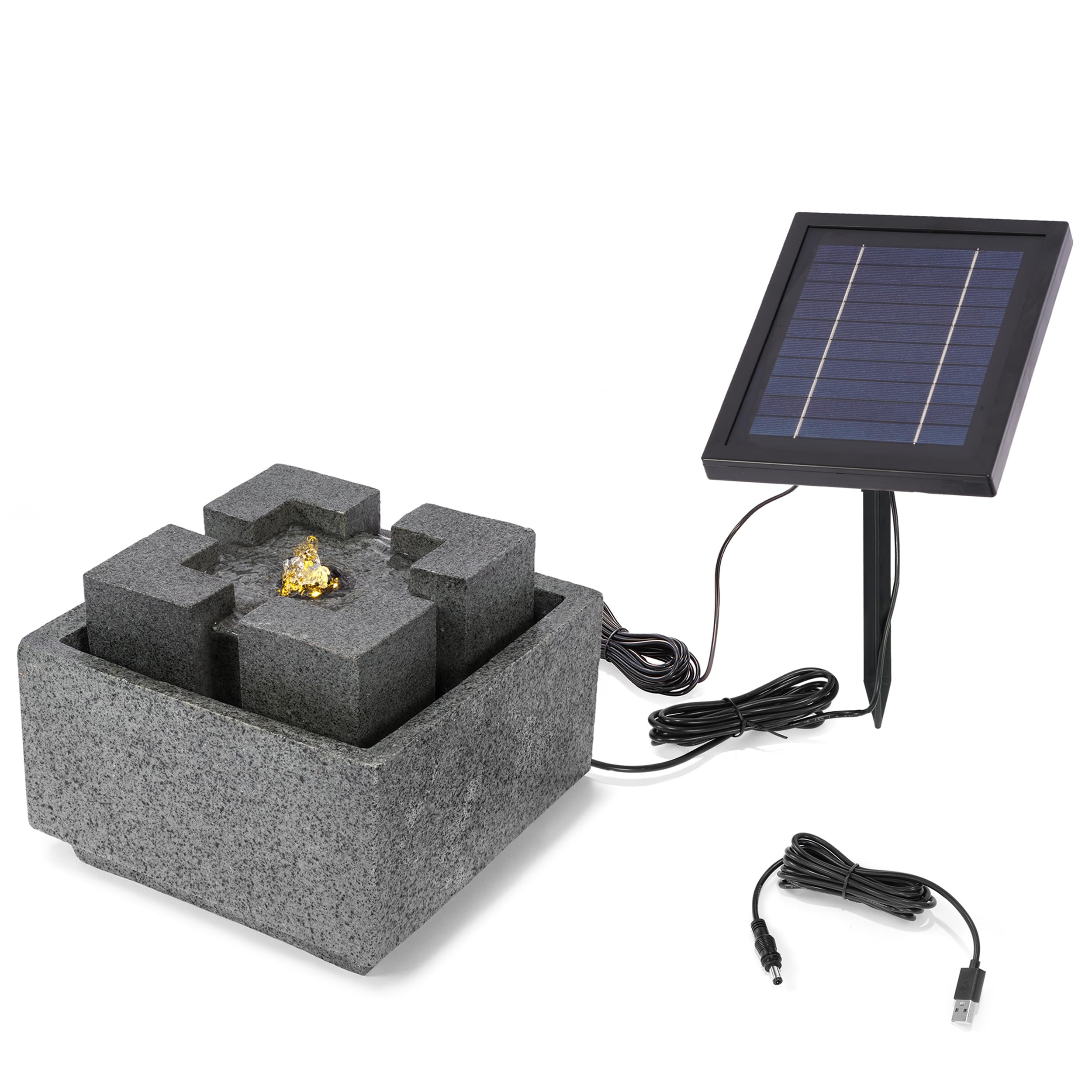 esotec Springbrunnen Wasserbrunnen mit LED Beleuchtung Modern Style, USB-Ladung, Timer, Solarmodul, Akku, LED-Licht warmweiß, 5m Kabel, Erdspieß und Wandhalterung Outdoor 101371