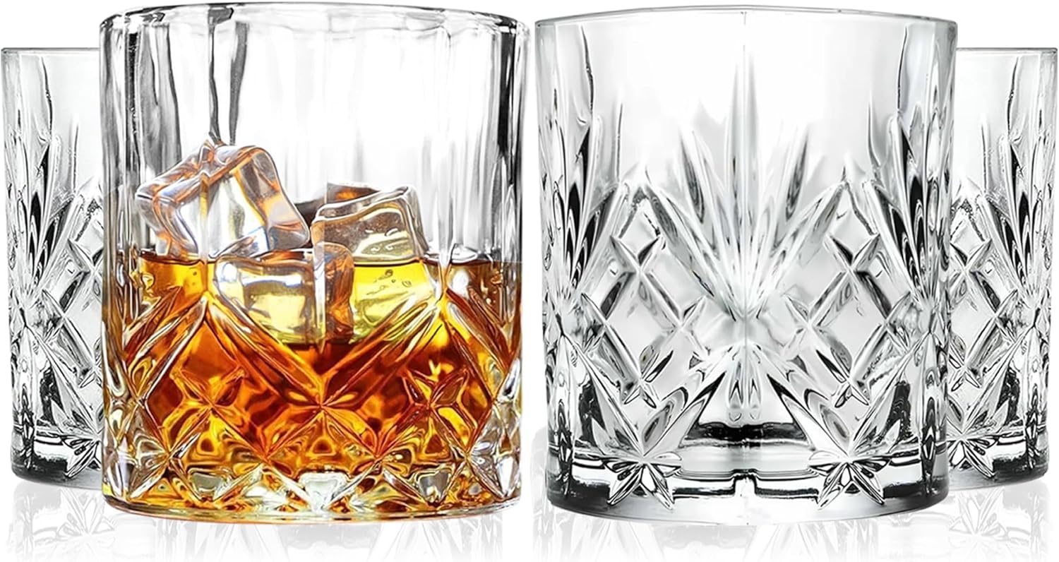 Barski Whiskey Glasses - Double Old Fashioned Rocks Glass - Set of 4 Lowball Tumbler - DOF Crystal Glass Tumblers - For Scotch - Bourbon - Water - Beverage - Drinking Glasses - 10.5 oz, Made in Europe