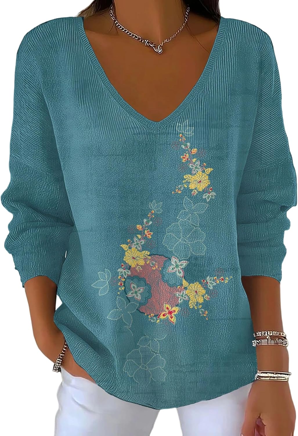 Womens Black & Pink Floral Print V-Neck Ribbed Knit Sweater Soft Casual Long Sleeve Pullover Spring Fall Daily Top