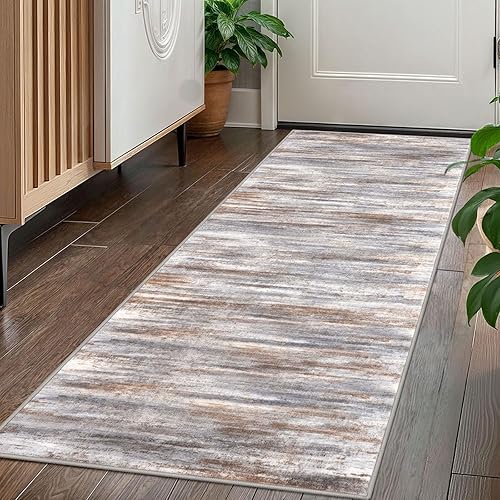 Miniatura 67 de KOZYFLY Alfombra moderna abstracta lavable de 2.6 x 10 pies, antideslizante, suave, alfombra de camino de cocina, alfombra a rayas azules óxido para