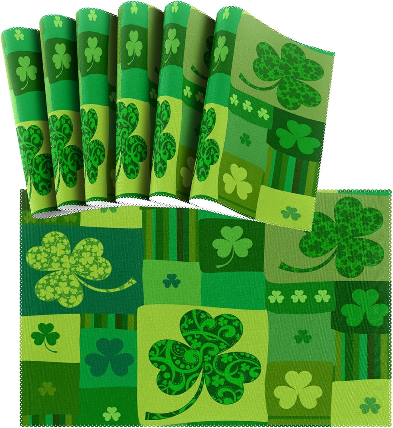 Naanle St. Patrick's Day Placemats Set of 6, Shamrocks Clovers Non Slip Heat-Resistant Washable Table Place Mats for Kitchen Dining Table Home Decoration, 12" x 18"