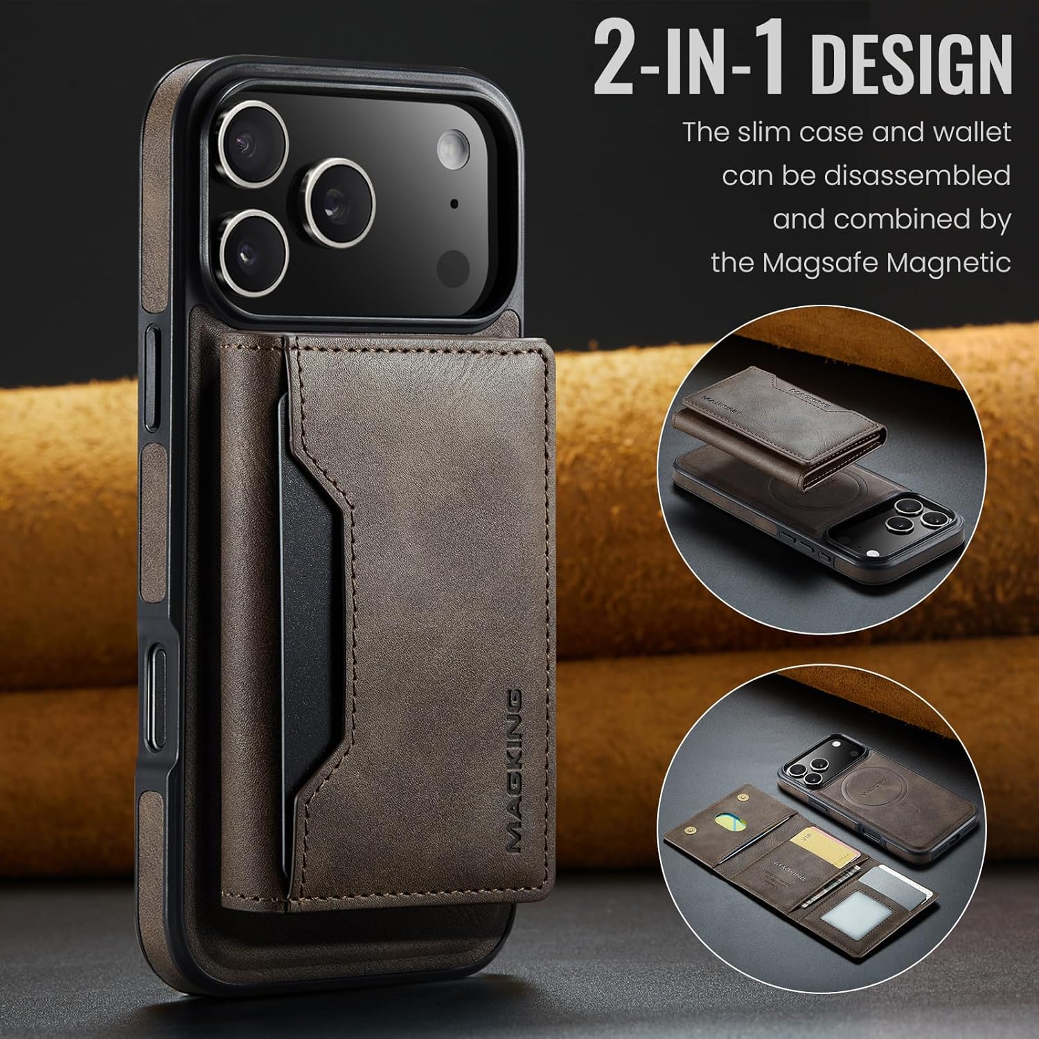 SZHAIYU K2 2 in 1 Detachable Magnetic Phone Cases Compatible with iPhone 17 Pro Max Case with Card Holder RFID Blocking, Compatible with Magsafe Wallet, Leather 6.9'' (Coffee, iPhone 17 Pro Max) - Image 3