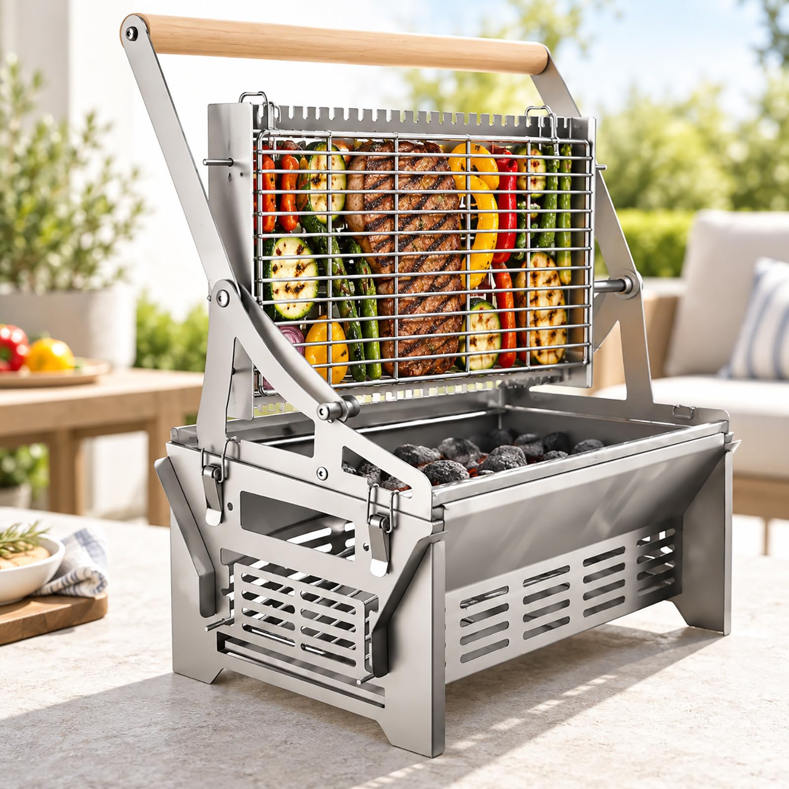 Grill stołowy na węgiel, 39,5 x 28 x 39 cm, dla ok. 2–4 osób na zewnątrz