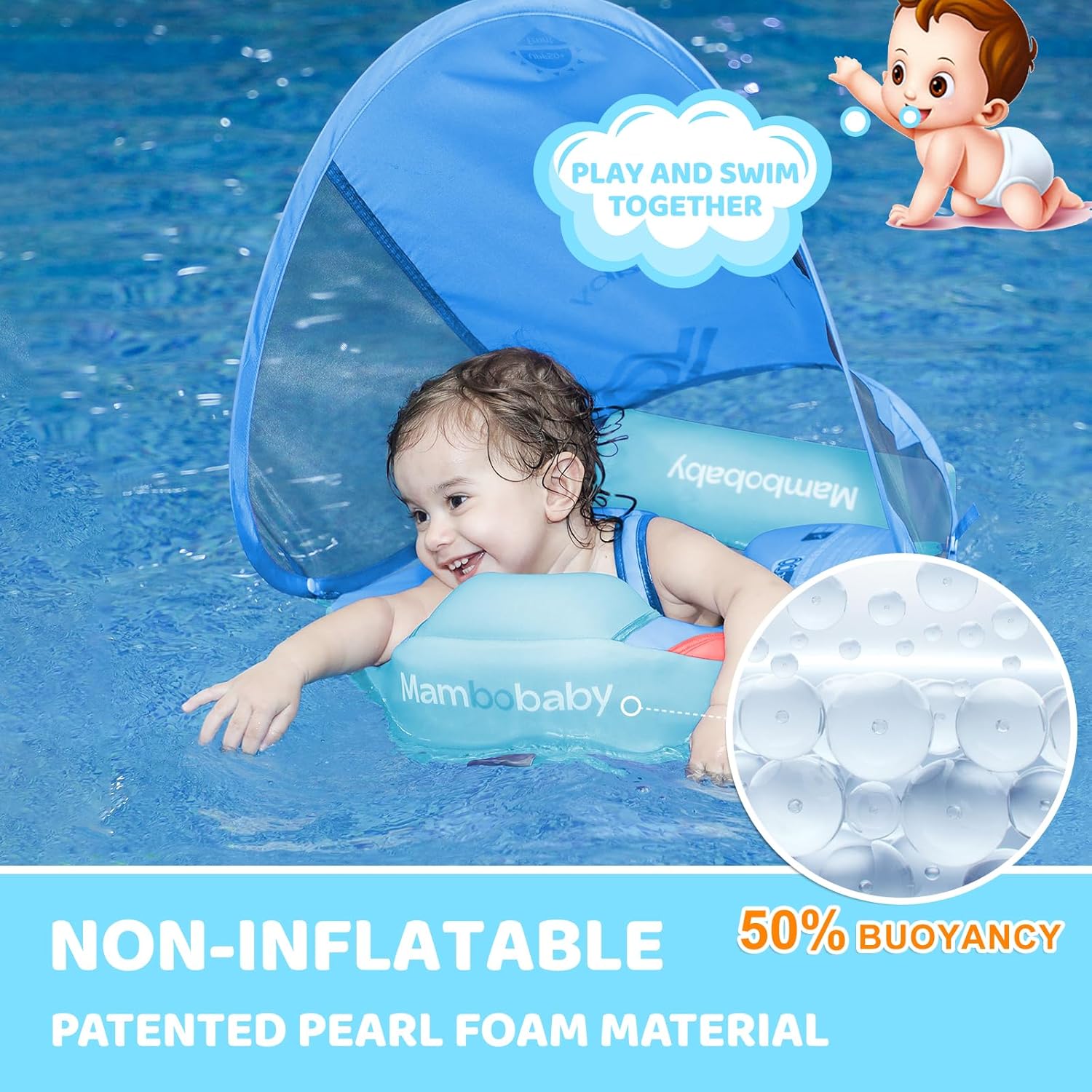 Mambobaby Baby Float with Canopy & Tail Non-Inflatable Baby Swim Float Upgrade Soft Infant Pool Float Sun Protection Newborn Pool Float 3-24 Months Skin-Friendly Material for Toddler Boys Girls