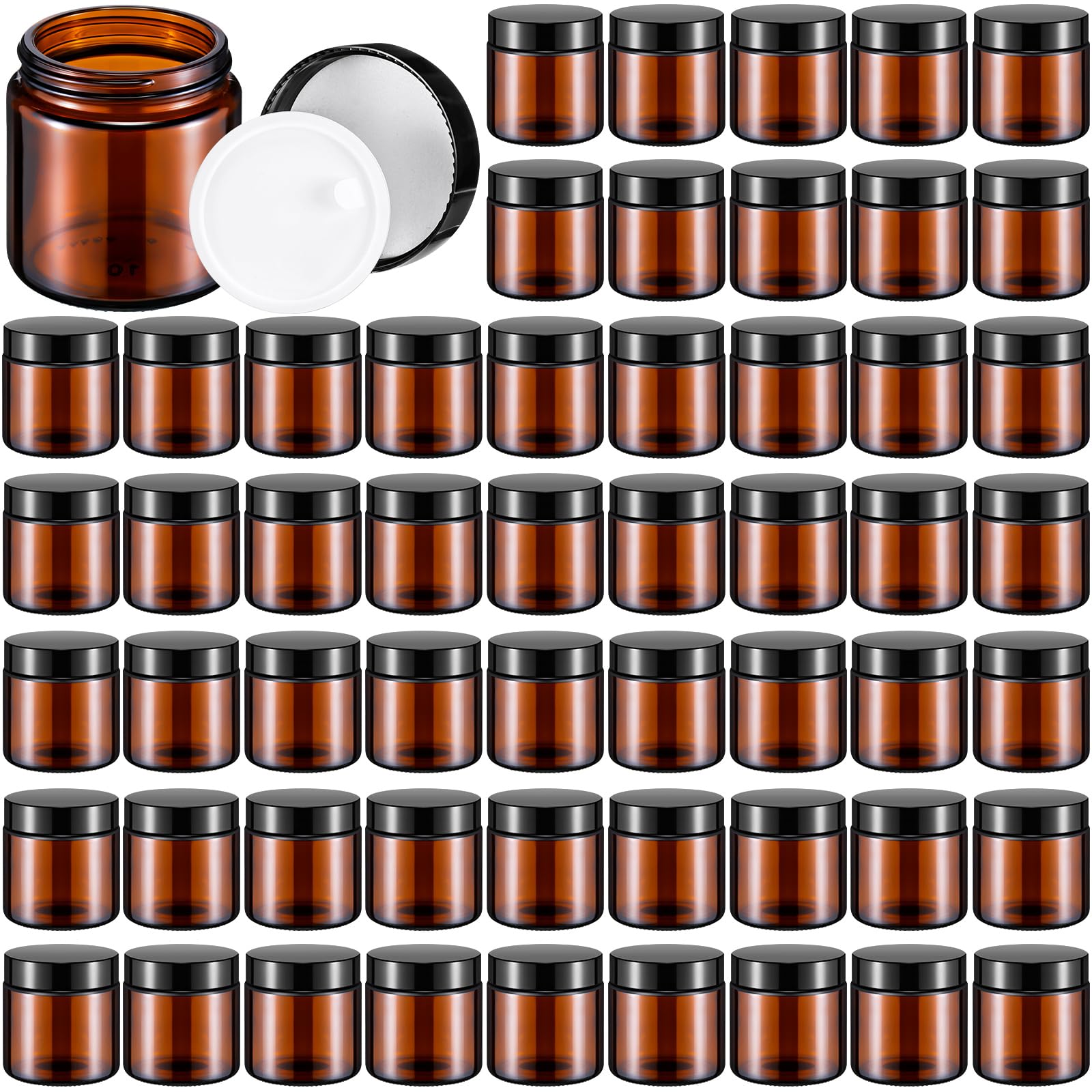 Norme 64 Pcs 4 oz Glass Jars with Lids Leakproof Round Airtight Jars Empty Cosmetic Jars with Inner Liners Lid for Storing Lotions Powder Ointments Candle Making (Black,Amber)